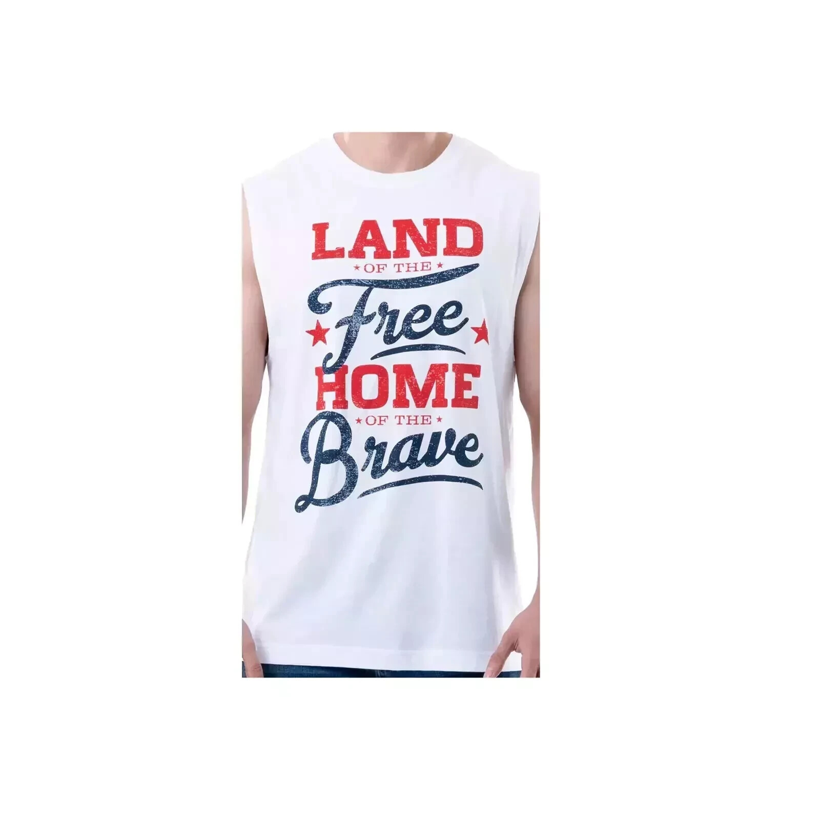 Mens Large Land of Free Home of Brave Americana Muscle Way to Celebrate White