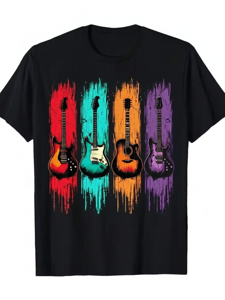 Men’s Retro Music Tee – 100% Cotton Black T-Shirt with Vintage Guitar & Graphics
