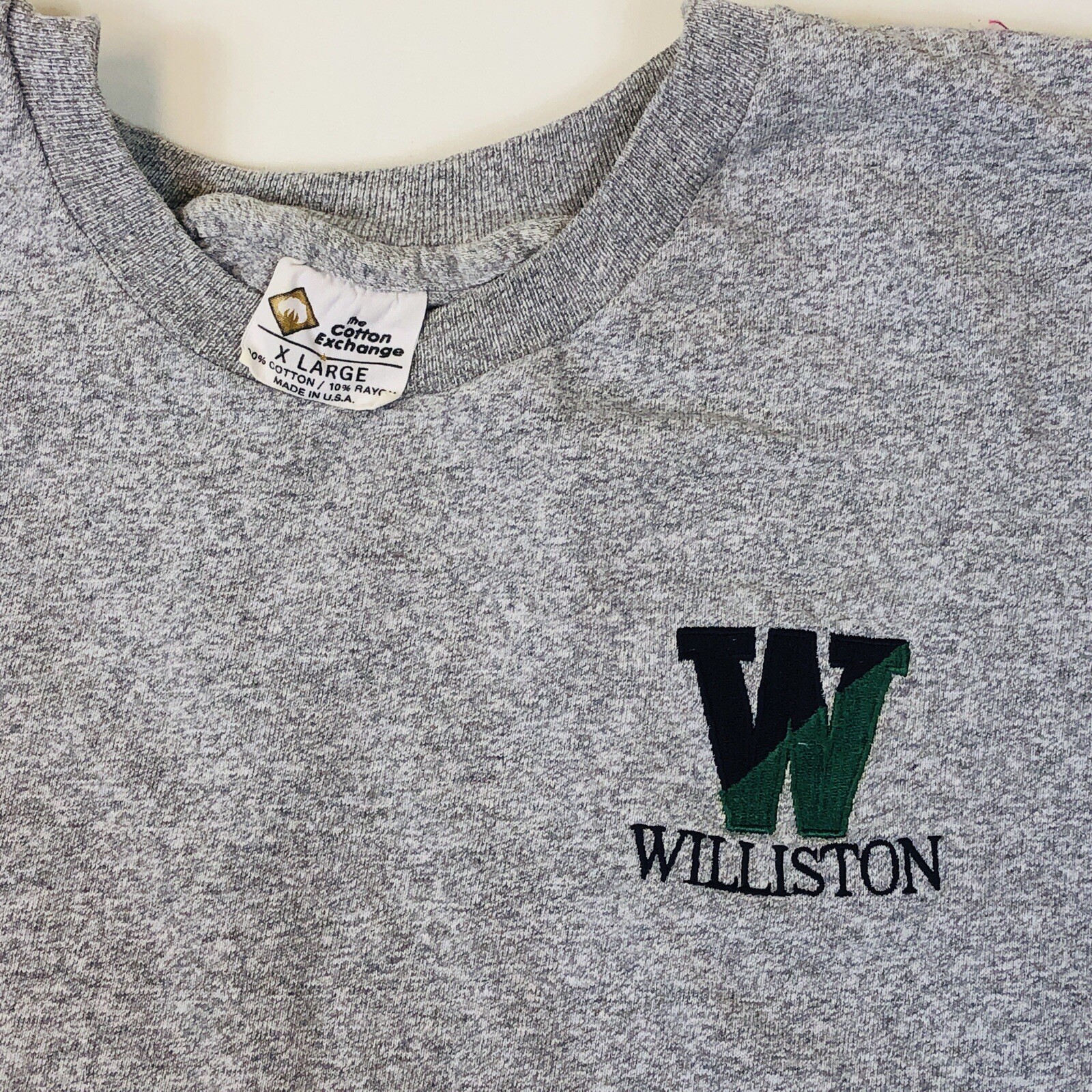 Vintage Williston School Cotton Exchange Embroidered Gray T-Shirt Size XL USA