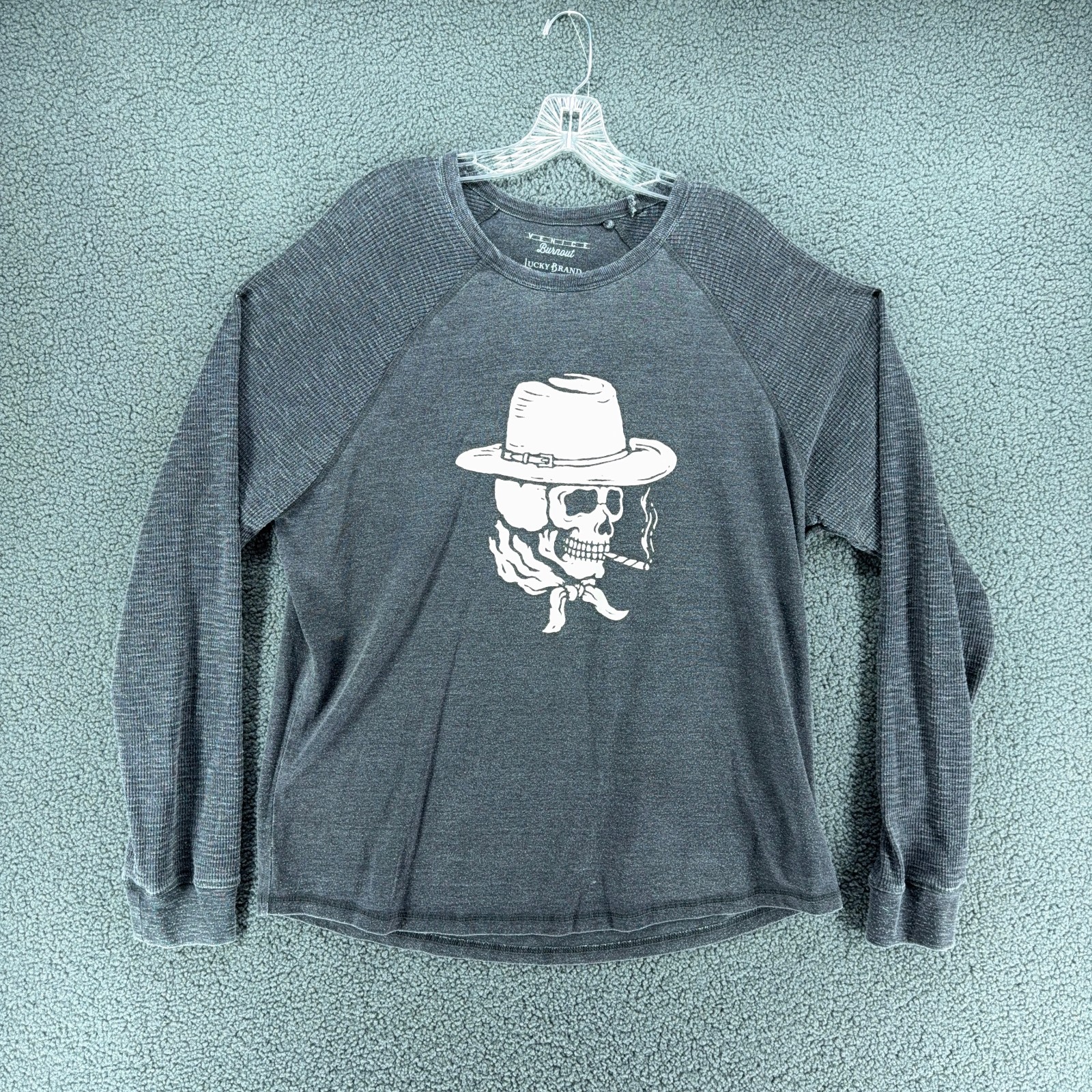 Lucky Brand Venice Burnout Shirt Mens XL Charcoal Grey Skull Cowboy Long Sleeve