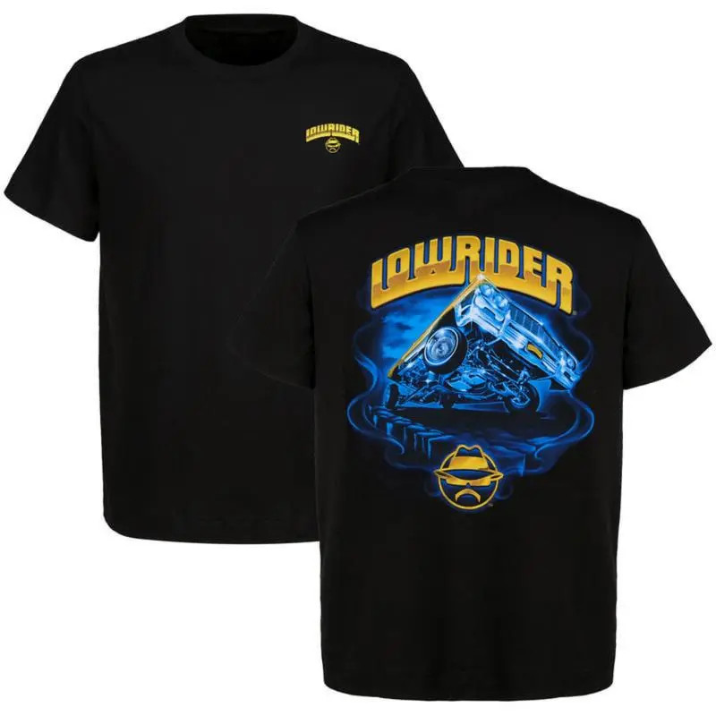 Lowrider Car T-Shirt ? Blue & Yellow Graphic of Custom Lifted Ride with Street