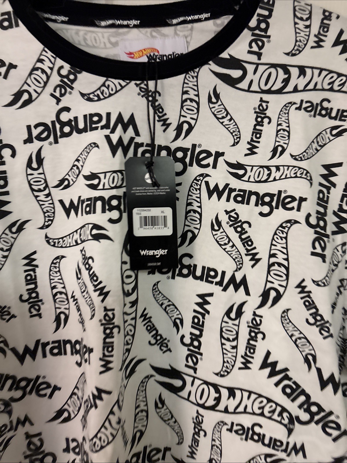 Wrangler x Hot Wheels Tee Men XL Black White All Over Print Logo Cotton