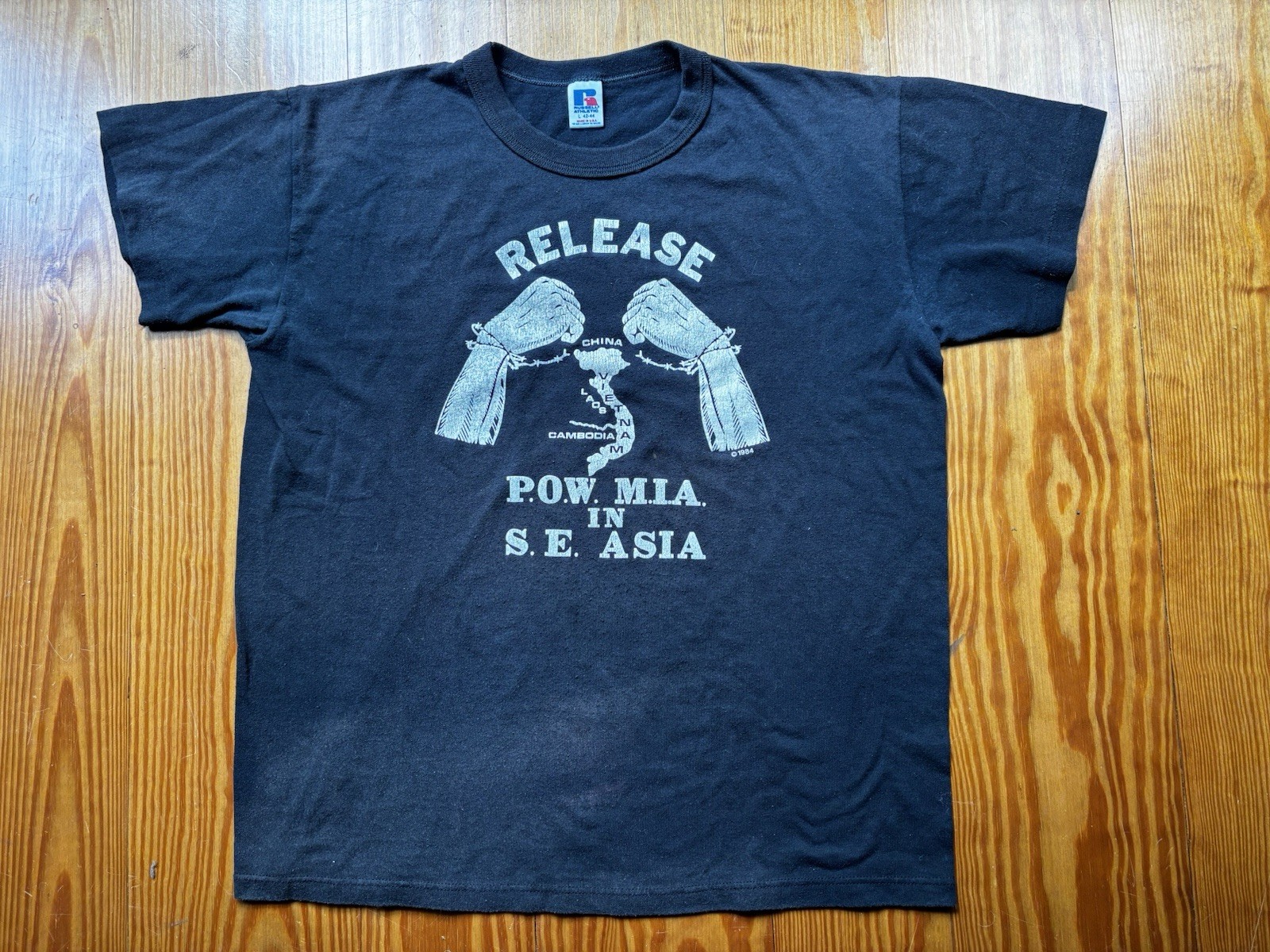 Vintage RELEASE POW-MIA in S.E. ASIA T-Shirt VIETNAM, CAMBODIA, LAOS, CHINA, BLK