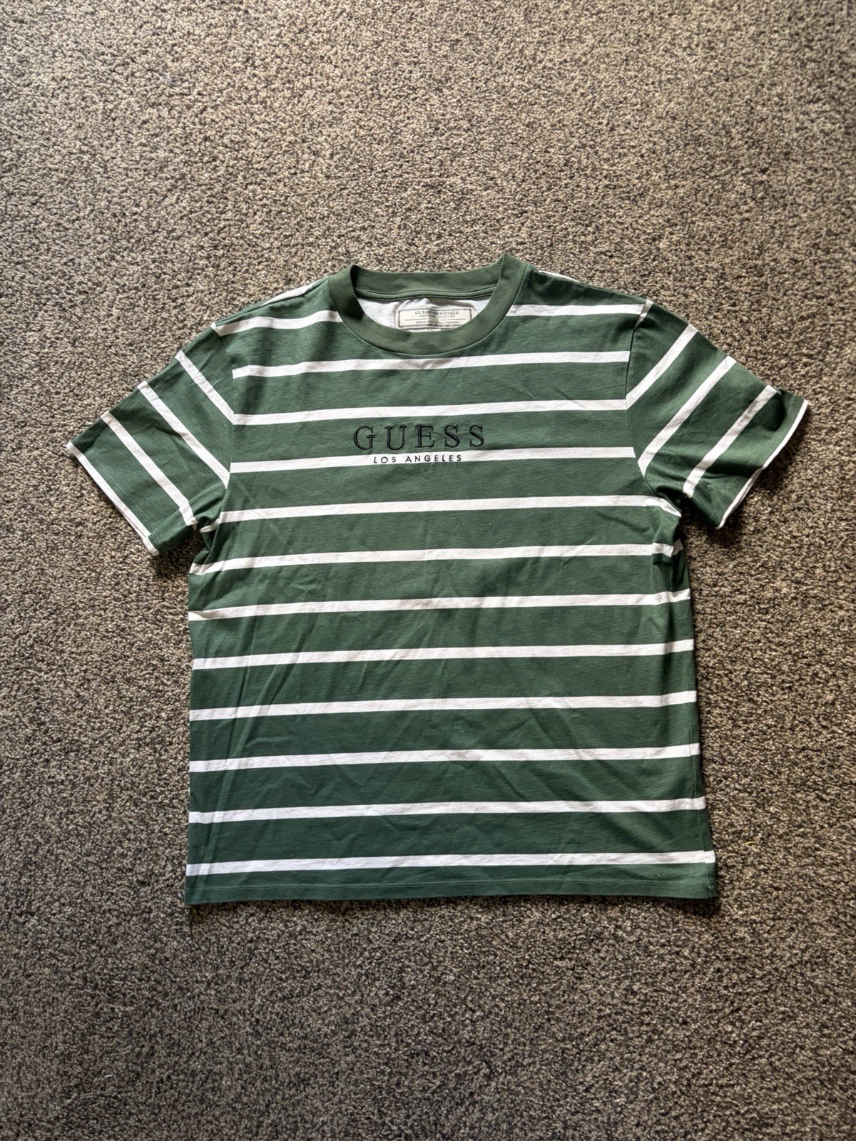 GUESS Originals Green/White Striped Logo Embroidered Crewneck T-Shirt Men’s L