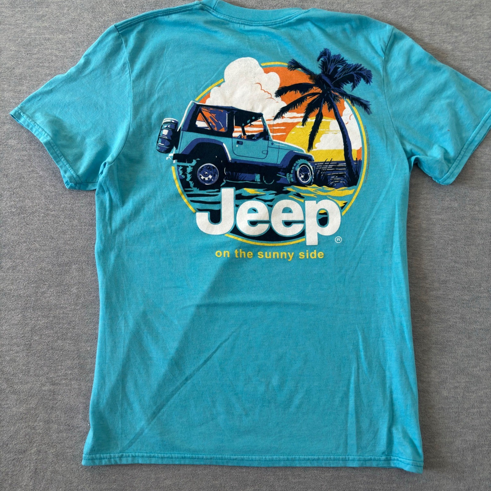 Jeep On The Sunny Side Graphic T-Shirt Mens Medium Turquoise Blue Jedco Beach