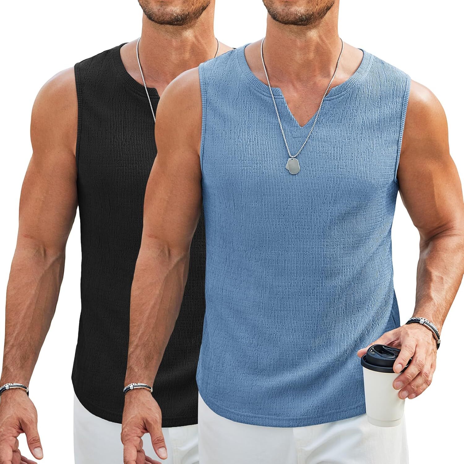 Men’s V Neck Sleeveless Tank Tops 2 Pack Lightweight Knit Muscle Tee for Summer