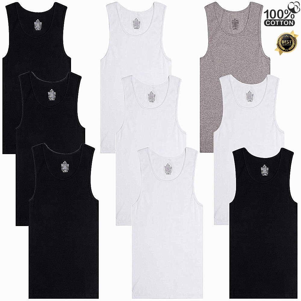 3 Packs Men 100% Cotton Ribbed Tank Top A-Shirt Wife Beater Undershirts S-2XL