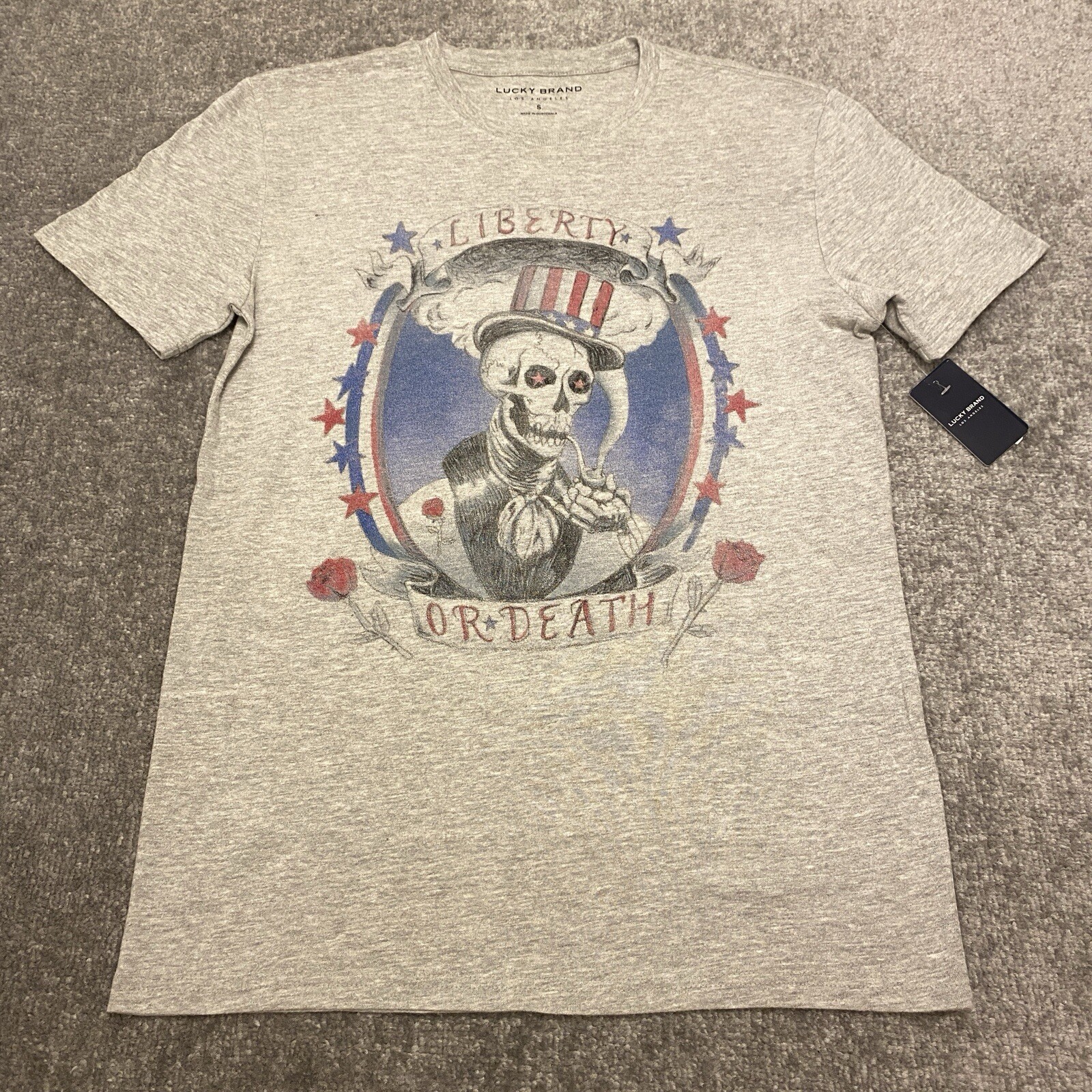 Lucky Brand Shirt Mens Small Gray Liberty Or Death Skull Crew Neck Tee NEW
