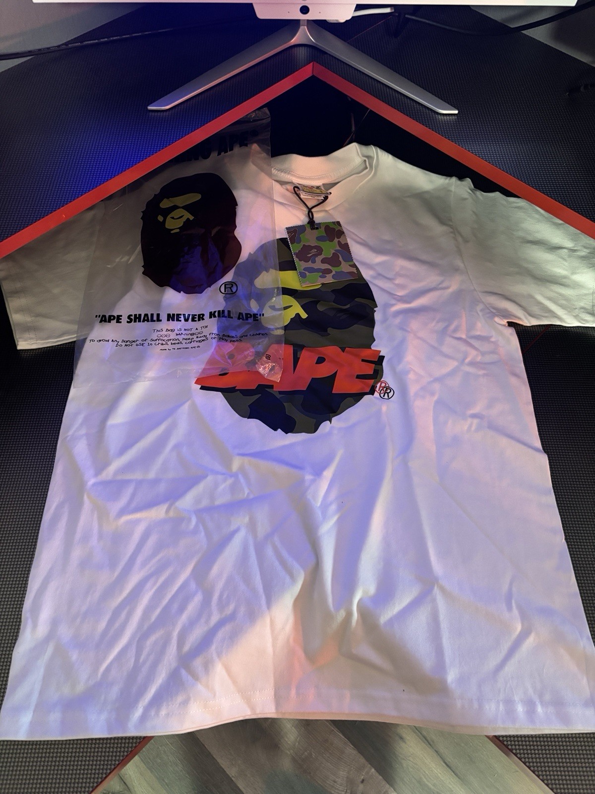 A Bathing Ape BAPE White Cotton Logo Graphic Print T-Shirt Mens Size L