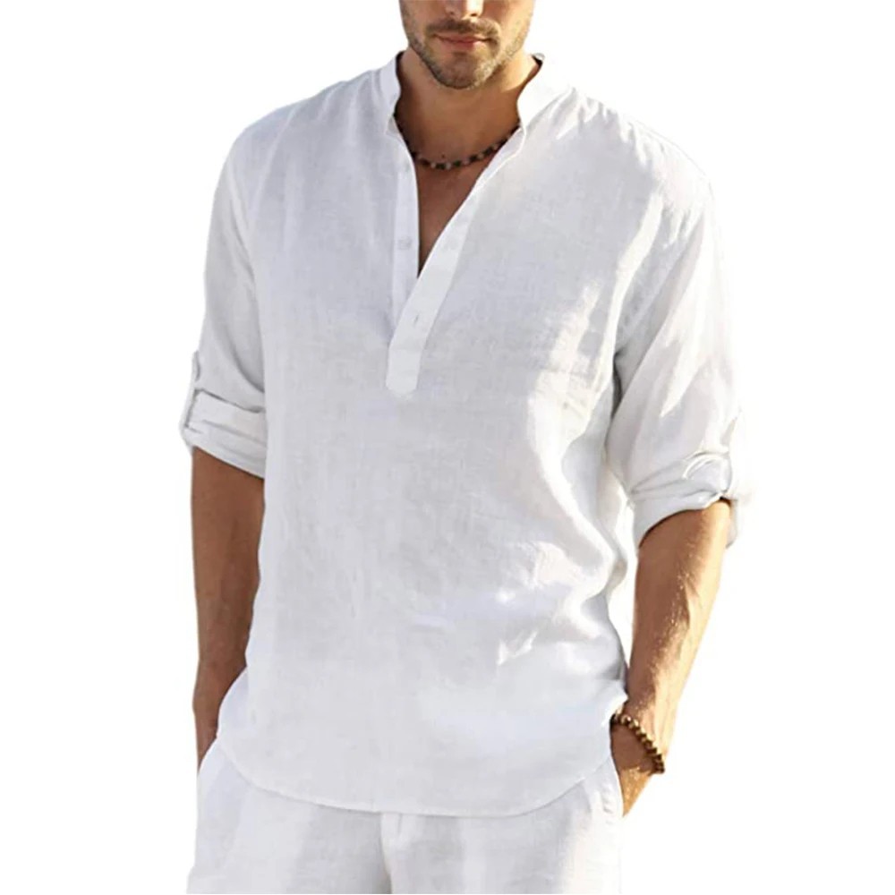 Men’s Cotton Linen Henley Long Sleeve Shirt Casual Beach T-shirt Tee Summer Gift