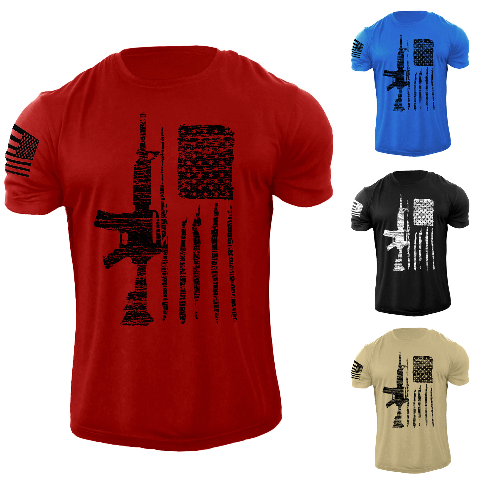 Men’s USA GUN Flag T Shirt American Patriotic 100% Cotton Distressed Tee