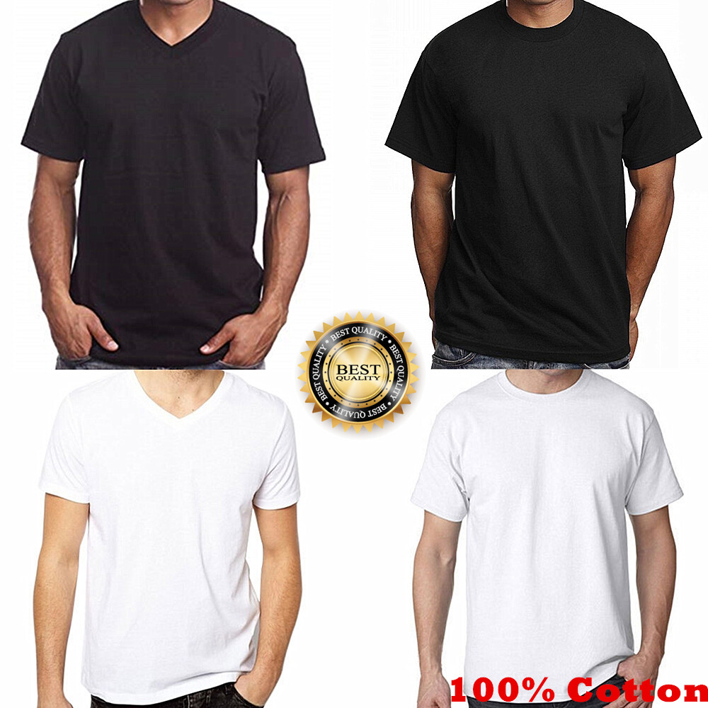 Mens 100% Cotton Casual T-Shirt Black White Short Sleeve Tee Crew Neck V-Neck
