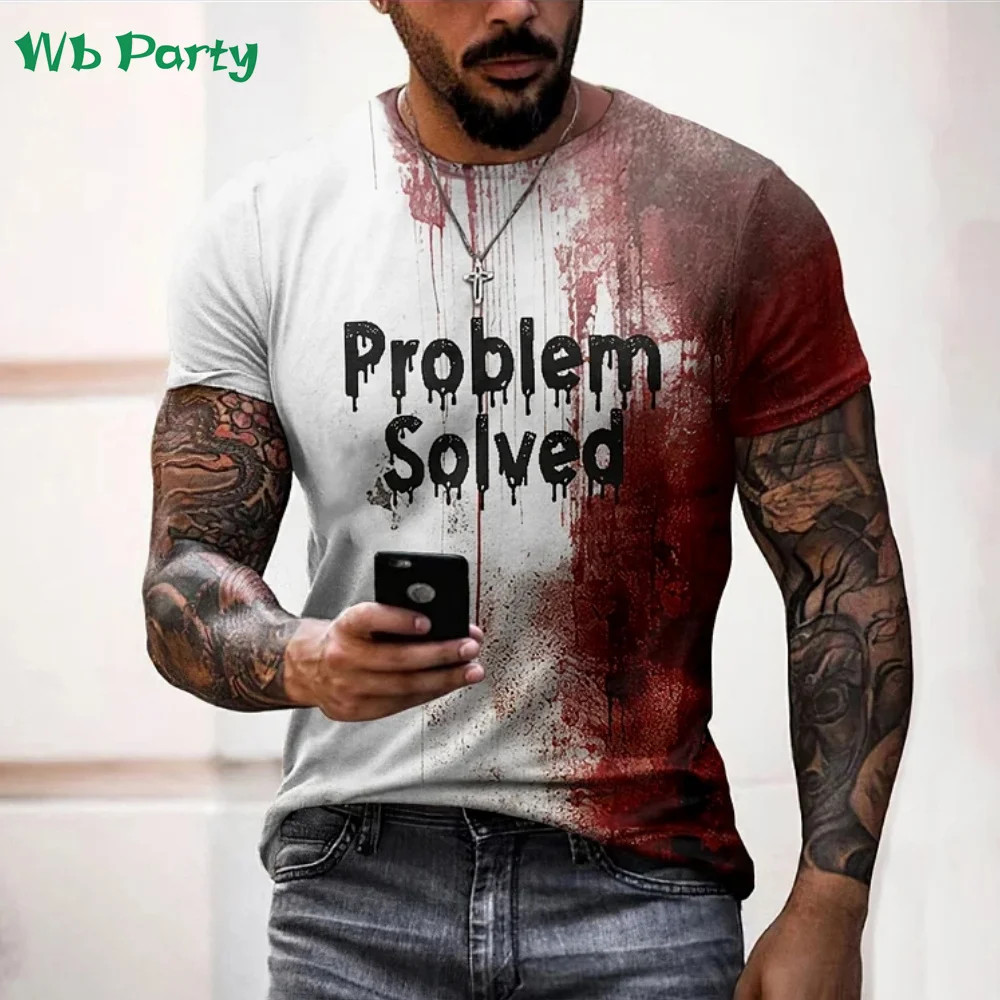 Problem Solved Bloody Print Men’s Clothing Fashion T-shirts for Men Horrible