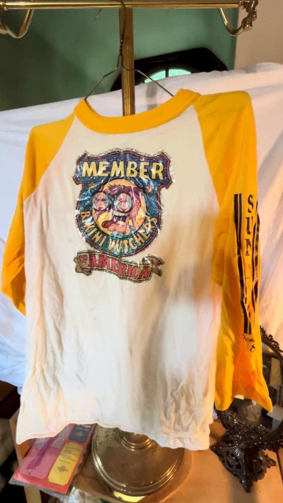 Vintage Bikini Watchers Raglan Tee 70s 80s Sun N Fun Patch Yellow Sleeve