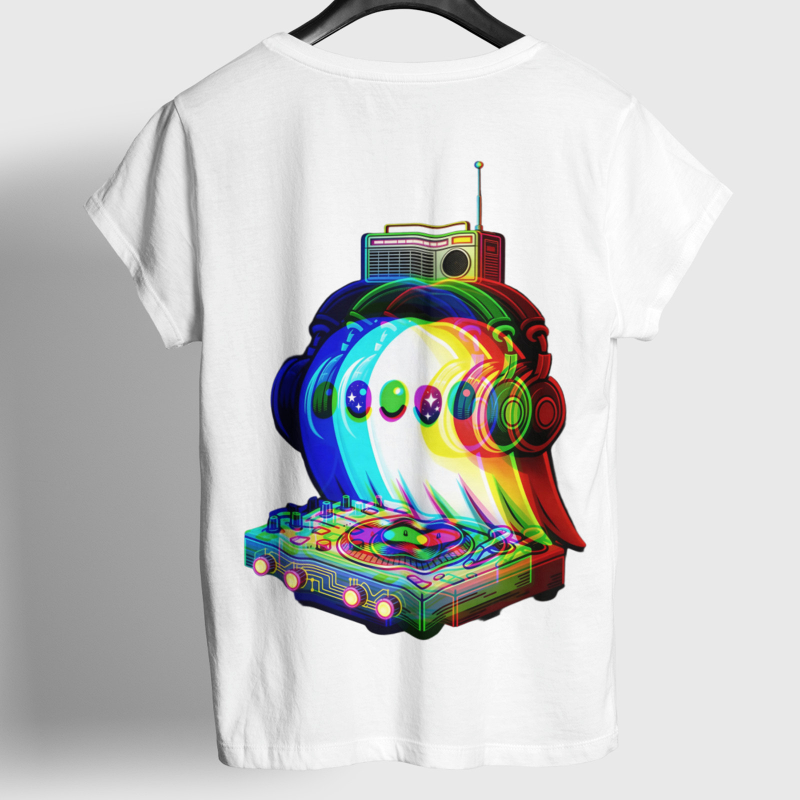 DJ Ghost T-Shirt Retro Neon Halloween Rave Music Festival Graphic Tee Back Print