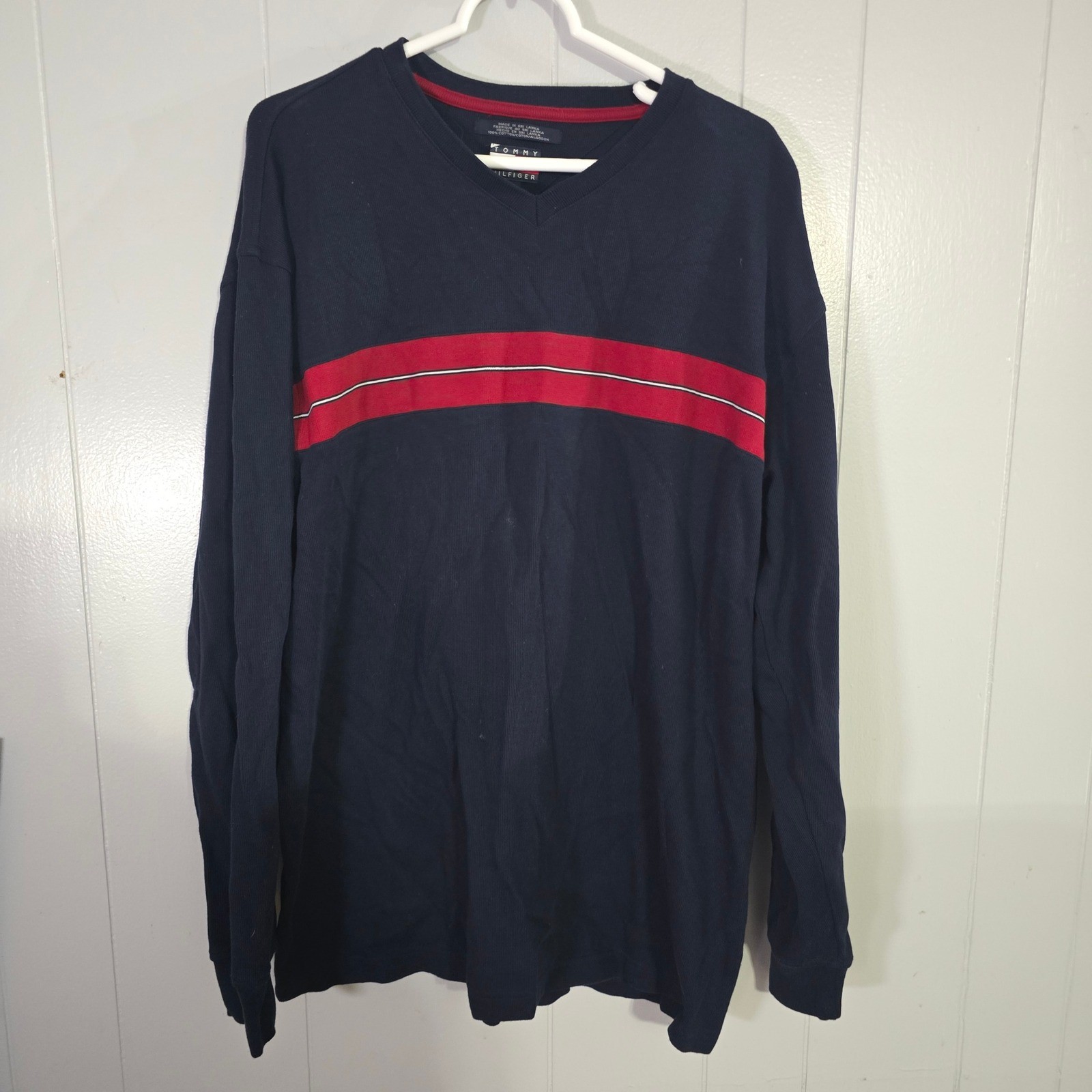 Tommy Hilfiger Long Sleeve Shirt Mens XL Navy Blue Red Stripe Ribbed V-Neck