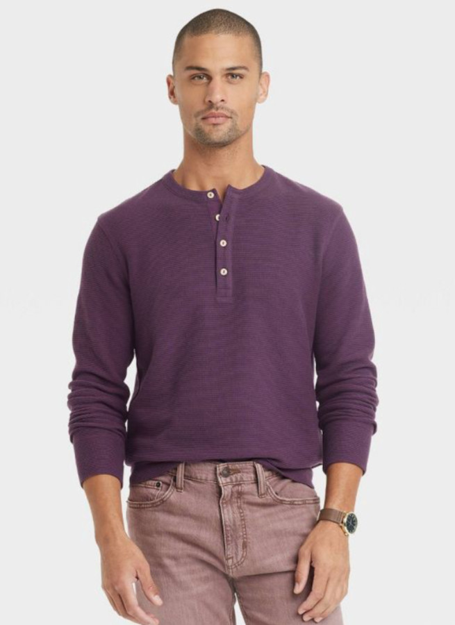Men’s Thermal Ribbed Henley Long Sleeve Shirt – Purple – Medium
