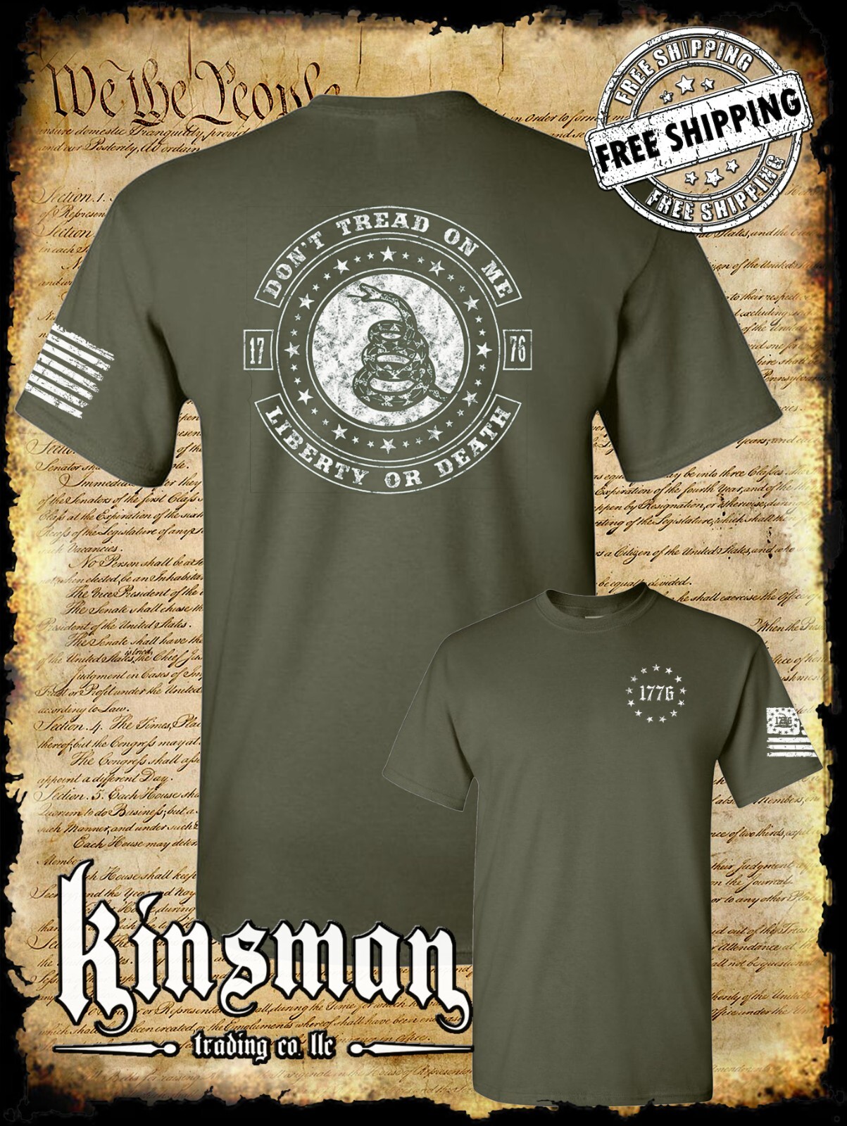Don’t Tread On Me LIBERTY or DEATH Rattlesnake 2-Sided T-Shirt 2nd Amendment USA