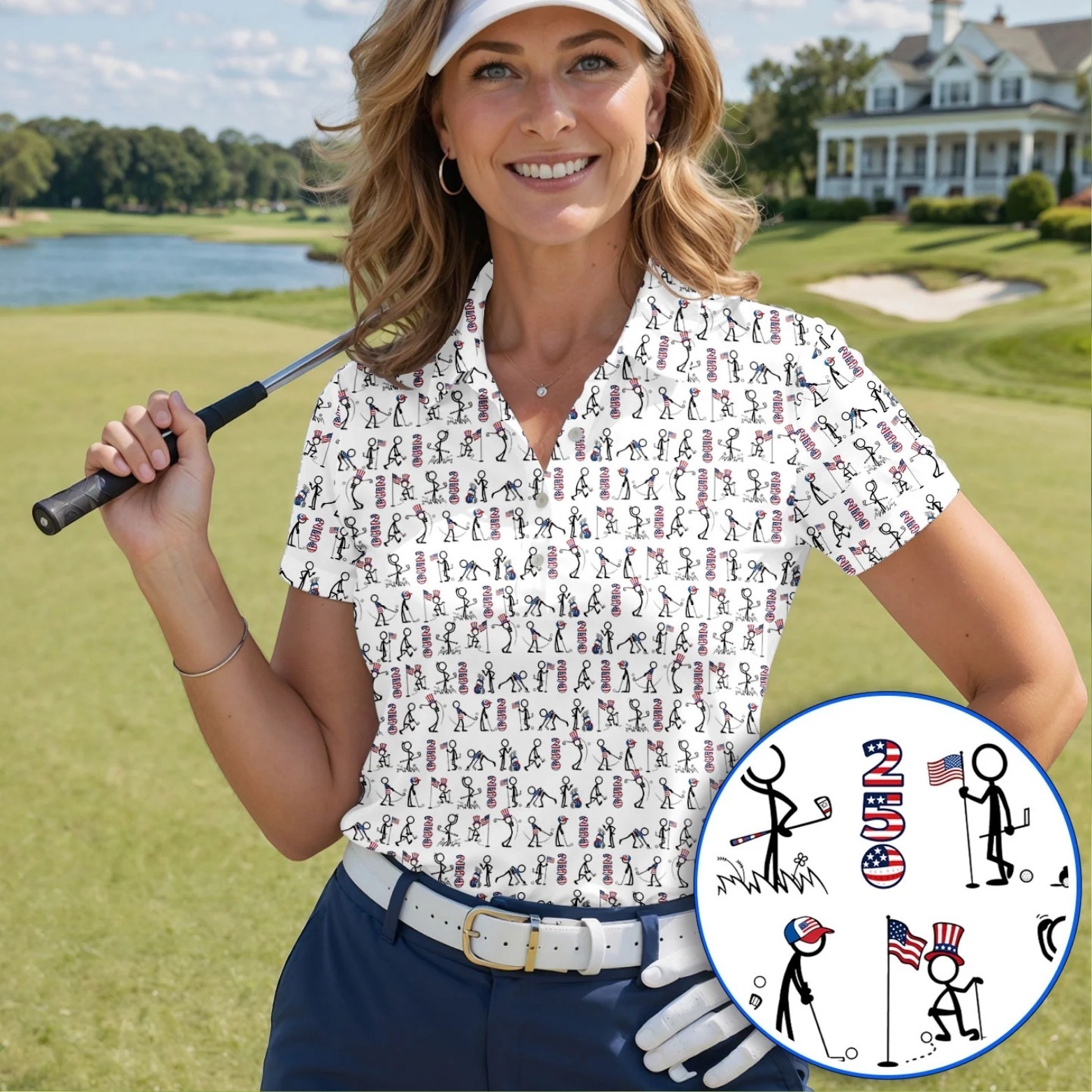 USA 250 Casual Patriotic Golf Shirt, 4th of July Stick Figure Golf Polo (S-5XL)