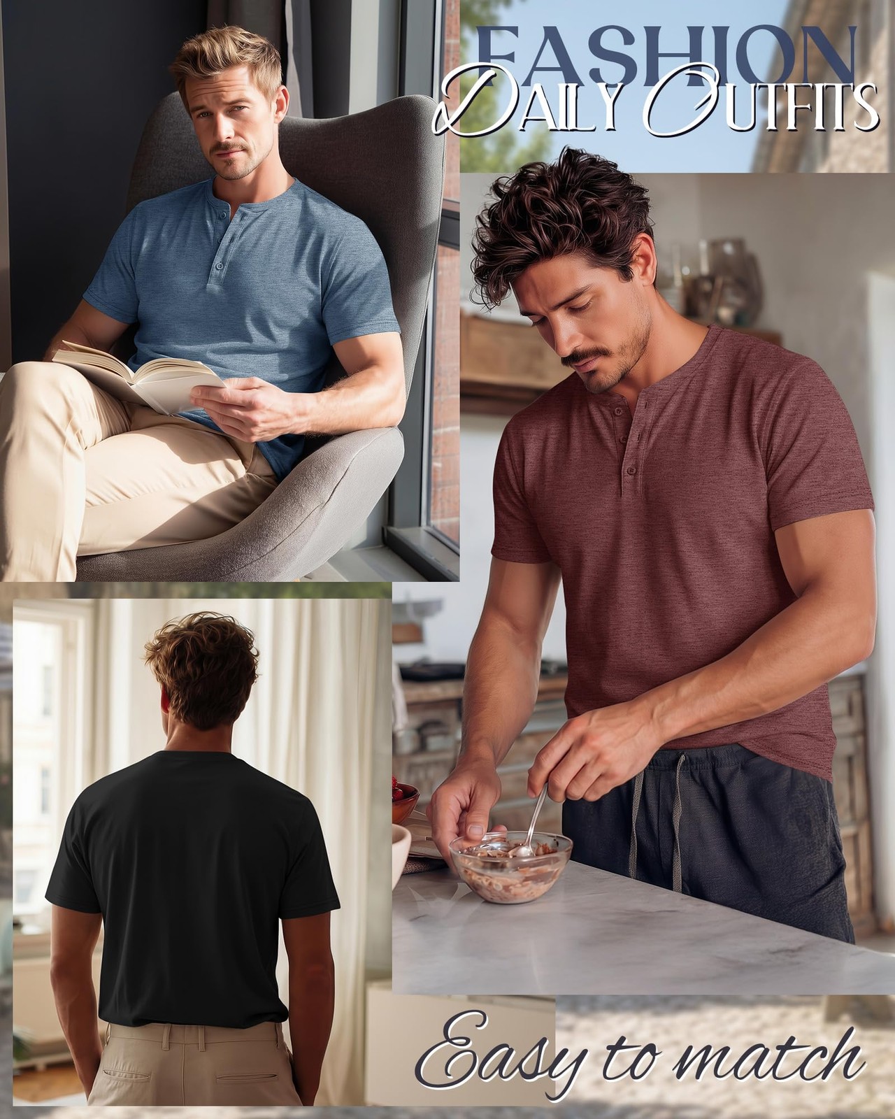 Ficerd 3 Pack Men’s Big and Tall Henley T-Shirts Short Sleeve Plus Size Tee 4XL