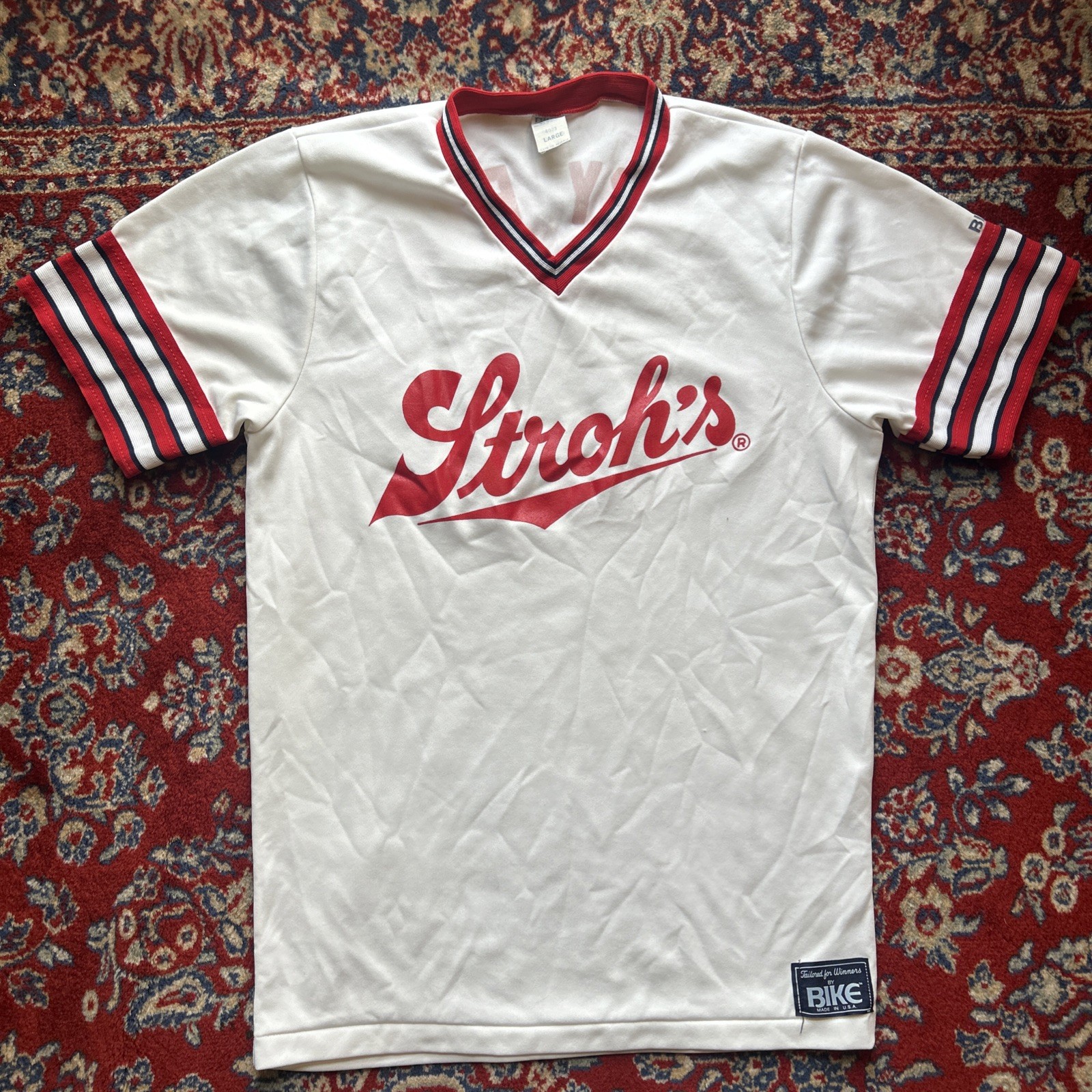 Vtg Strohs Jersey L Beer Lager Logo S/S Tee Bike Athletic Shirt USA 80s Red