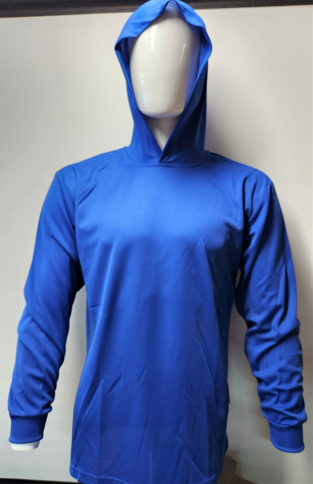 BLUE Long Sleeve Shirt With Hoodie, Polyester birdeye mesh fabric