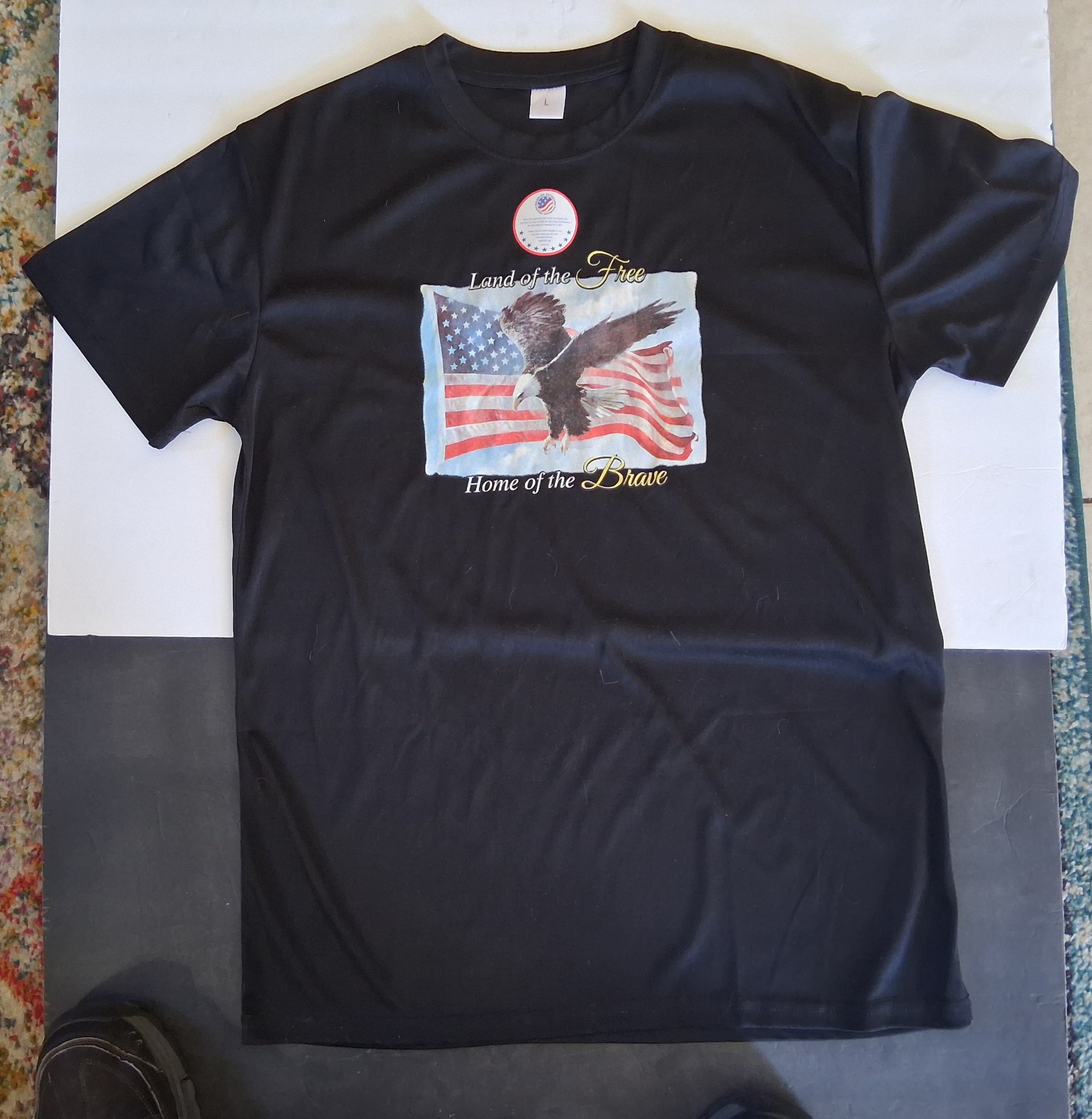 Land Of The Free Home Of The Brave Polyester Men’s Size L T-Shirt American Flag