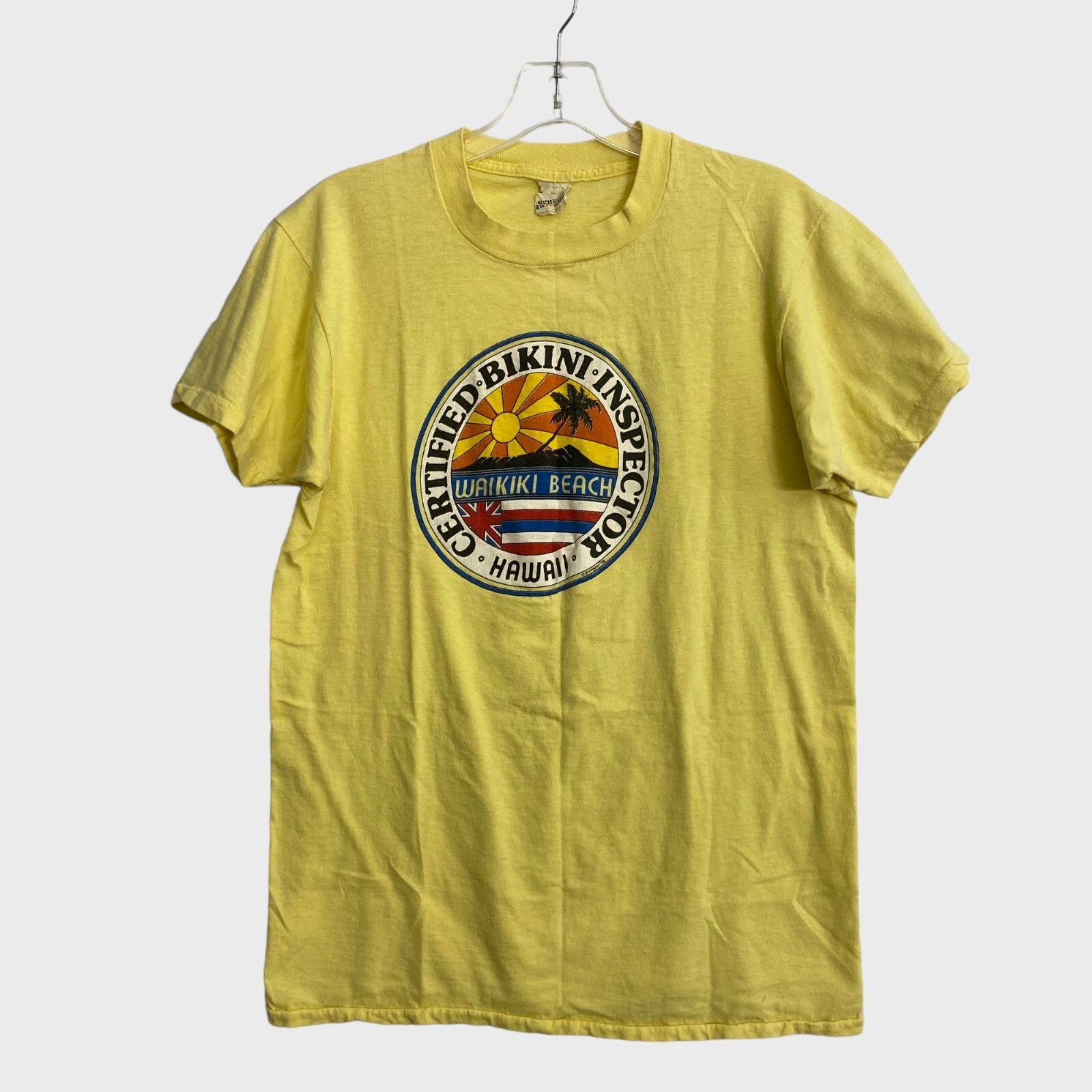Vintage 70s Waikiki Beach Bikini Inspector Graphic T Shirt Yellow Mens Small S