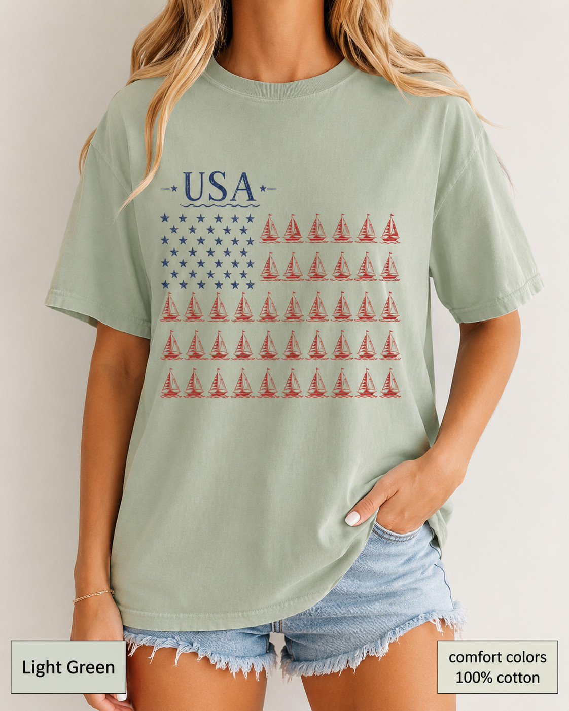 USA Sailboat Flag Comfort Colors Tee, Patriotic Coastal Fourth of July Shirt