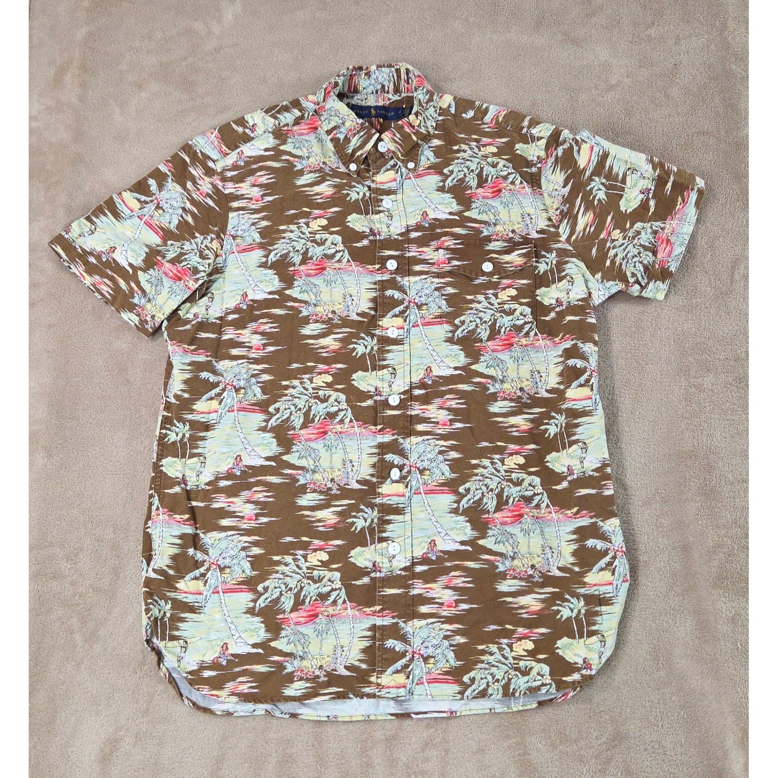 Polo ralph lauren Hawaiian shirt men M Brown tropical pleated Button down EUC