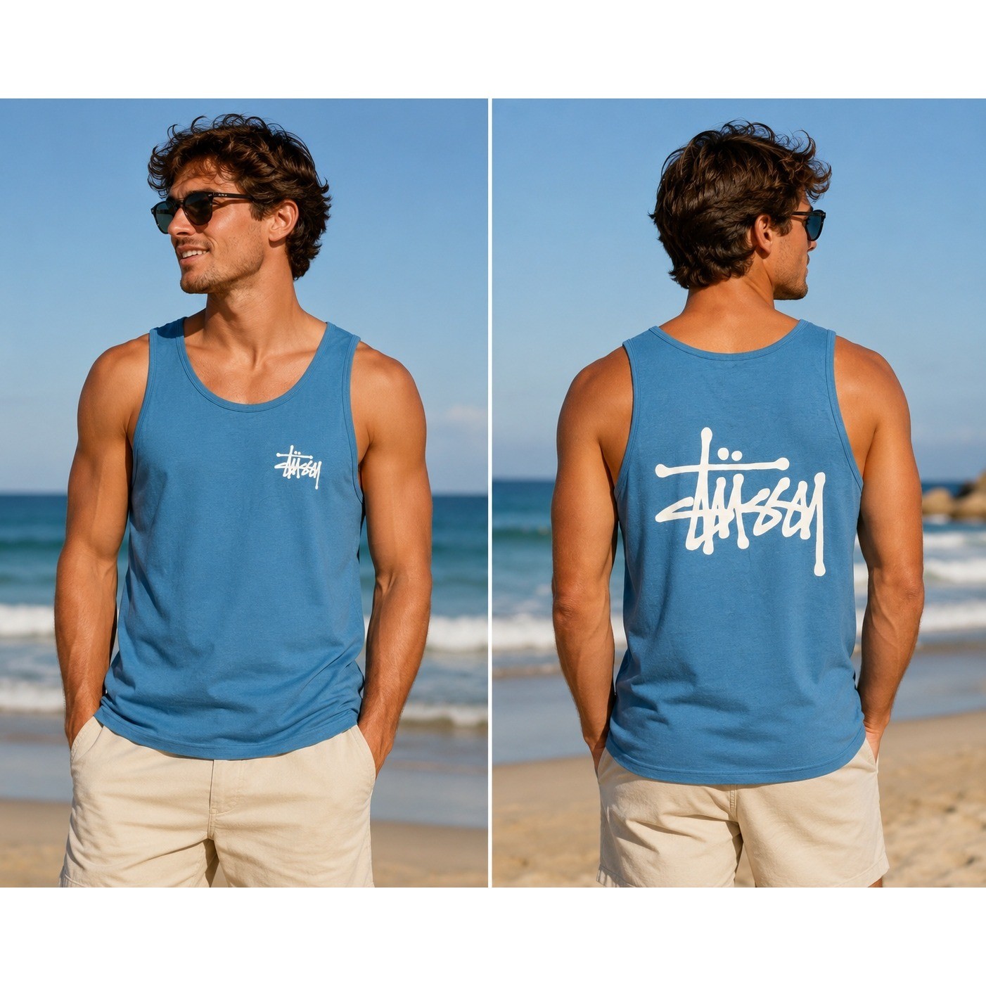 Stussy Tank Top Men’s Small Blue Logo Sleeveless Streetwear Graphic Tee CUT TAG