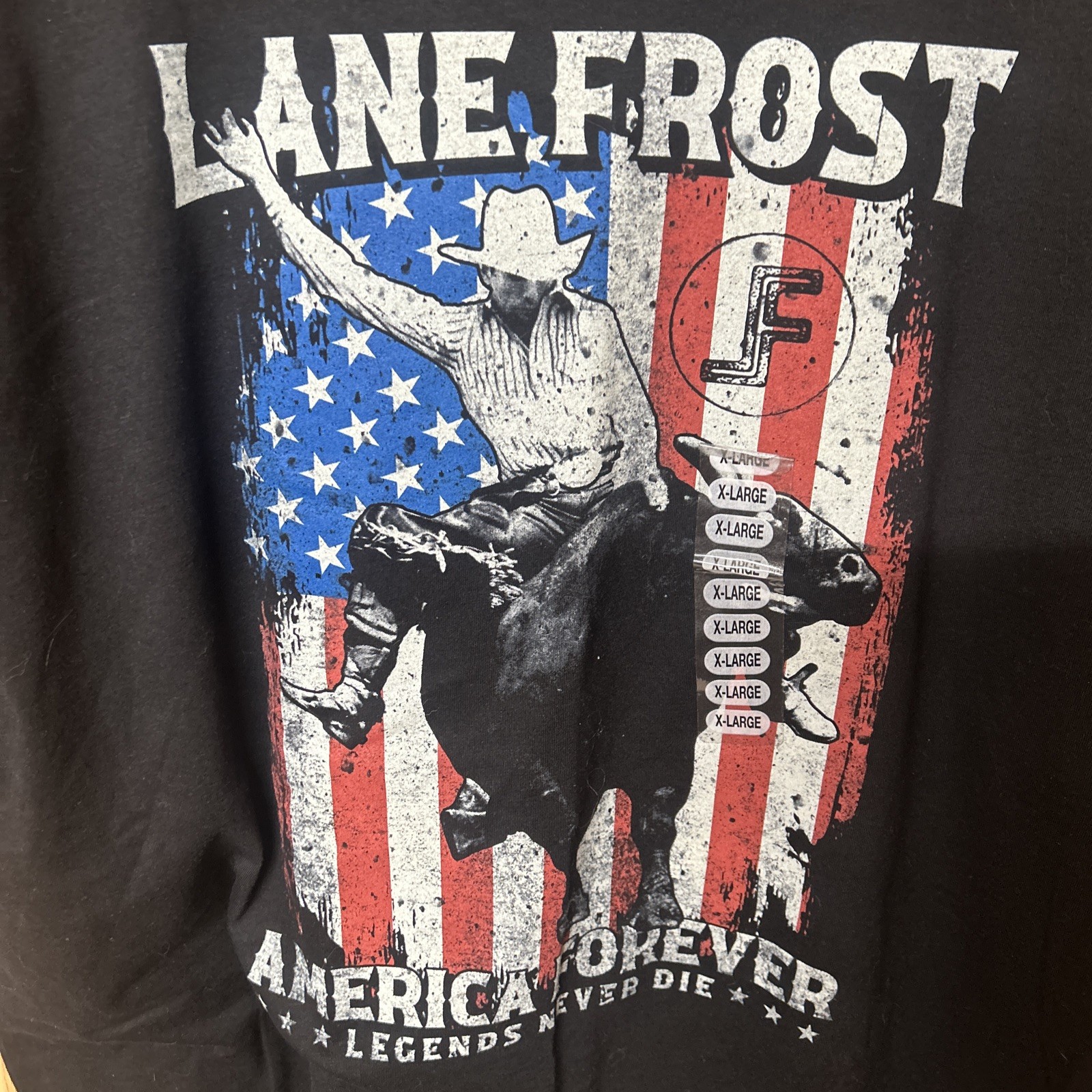 New Lane Frost American Flag Black Men’s XL Tee Rodeo Bull Riding Champion
