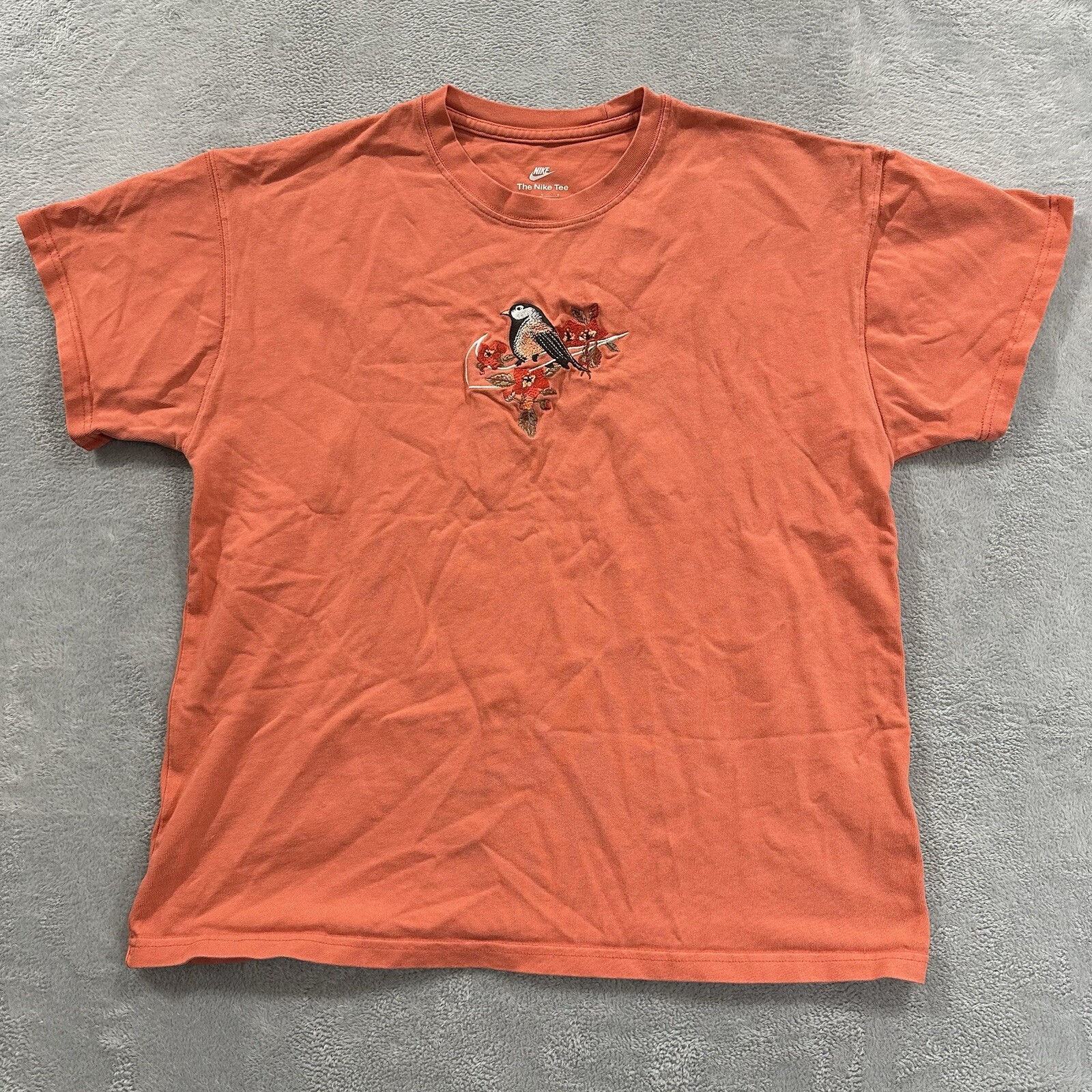 Nike T-Shirt Men’s Large Embroidered Finch Floral Swoosh Orange Short Sleeve
