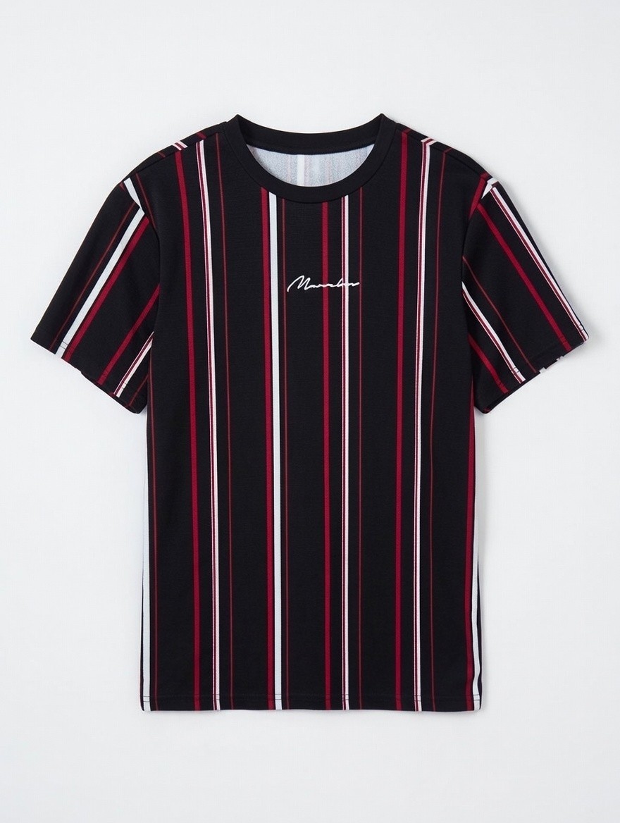 SHEIN Men’s Black Red White Striped Logo T-Shirt Slim Fit Crew Neck Size M