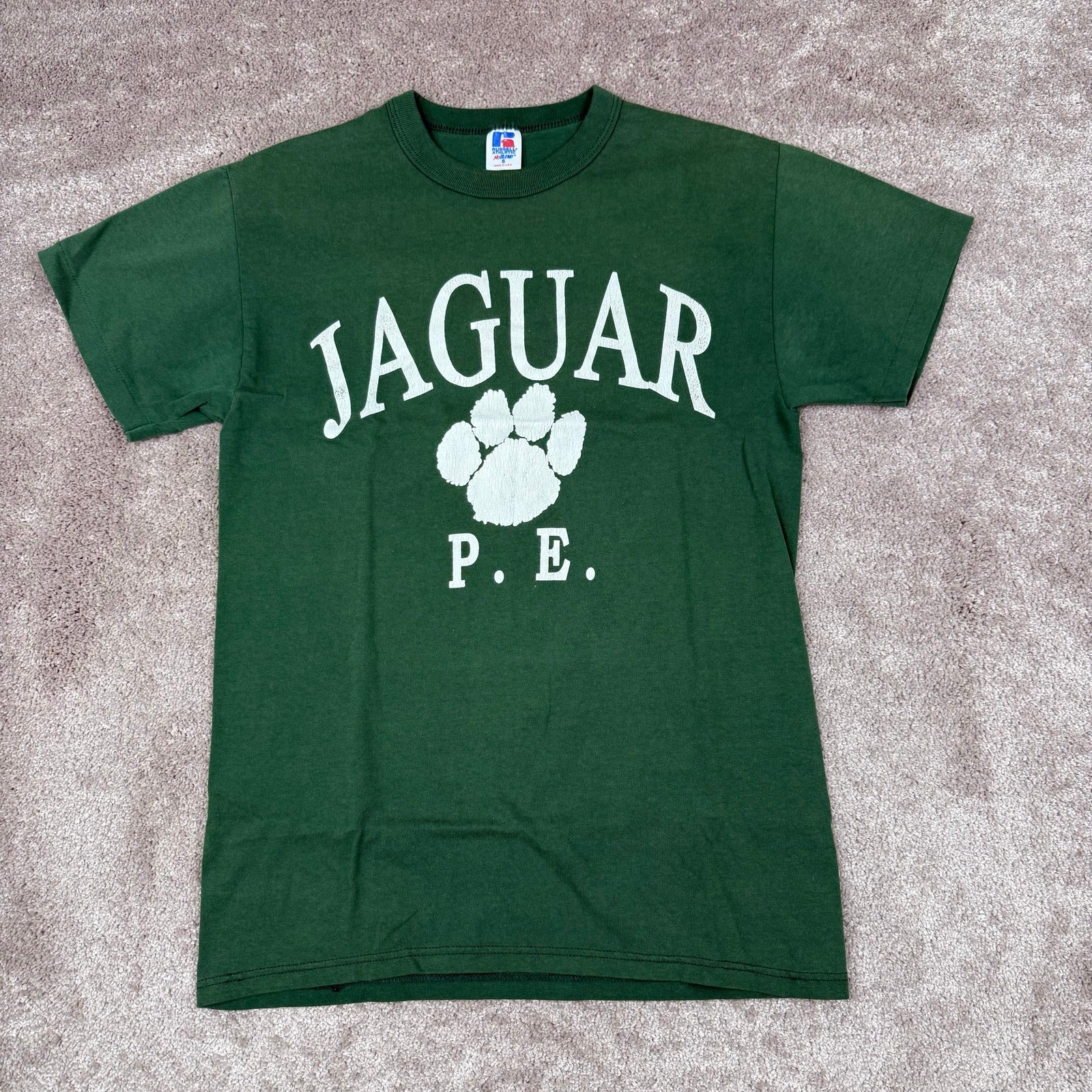 Russell Athletic Size S Green Jaguar PE Single Stitch Graphic Tee Vintage USA