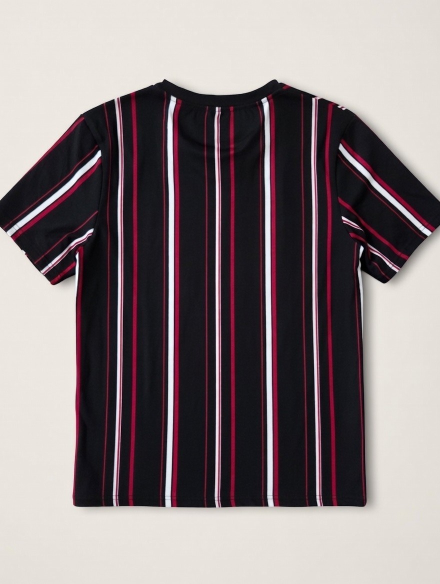 SHEIN Men’s Black Red White Striped Logo T-Shirt Slim Fit Crew Neck Size M