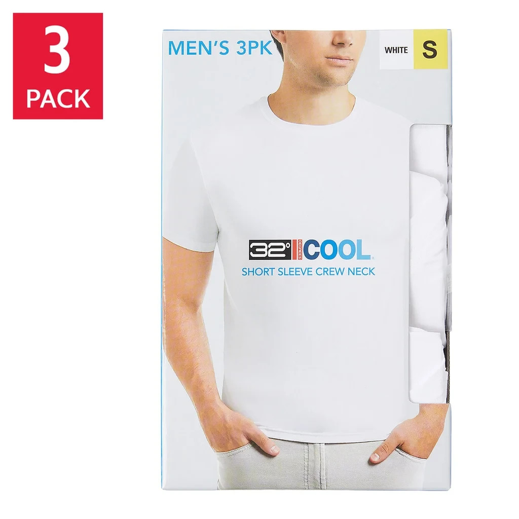 32 Degrees Cool Men’s T-Shirt 3 Pack Quick Dry Stretch Crew Neck New Black White