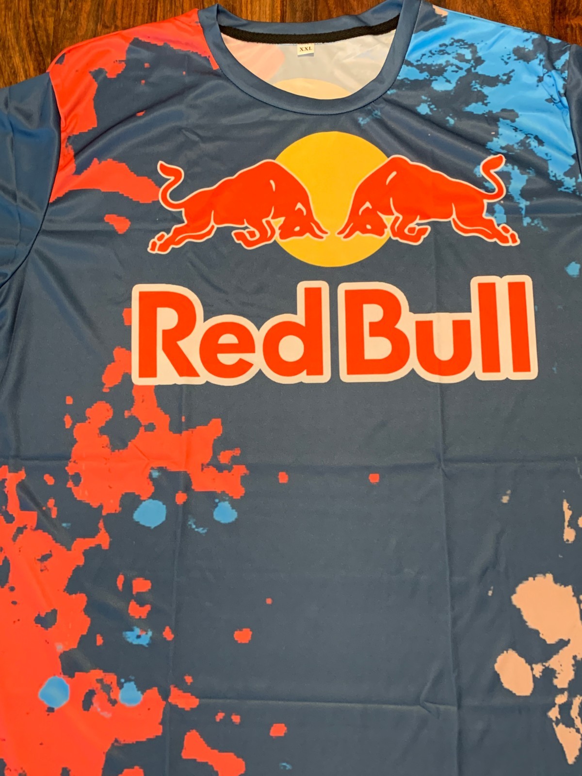 R-Blue/Navy/Red/Blue & Tan Tie Dye Look L Jersey/T-shirt. 22″x 29.5″. Racing.