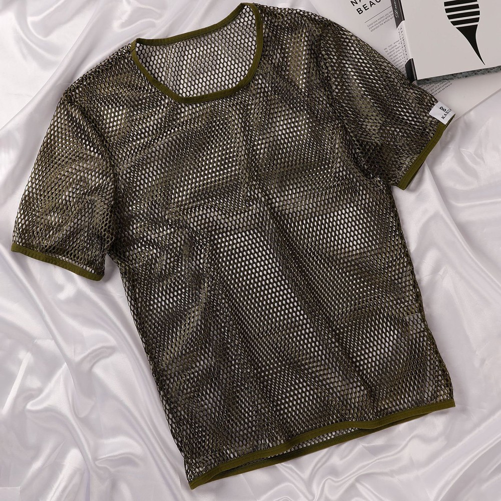 Mesh See Through Men TShirt Fishnet Short Sleeve Clubwear Undershirt Tee
