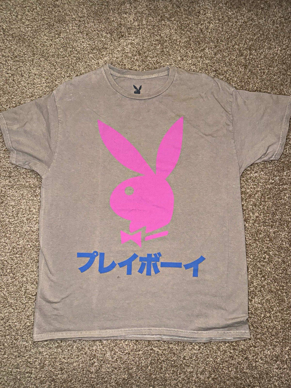 Playboy Bunny Graphic T-Shirt Gray Pink Japanese Logo Size Large L Streetwear