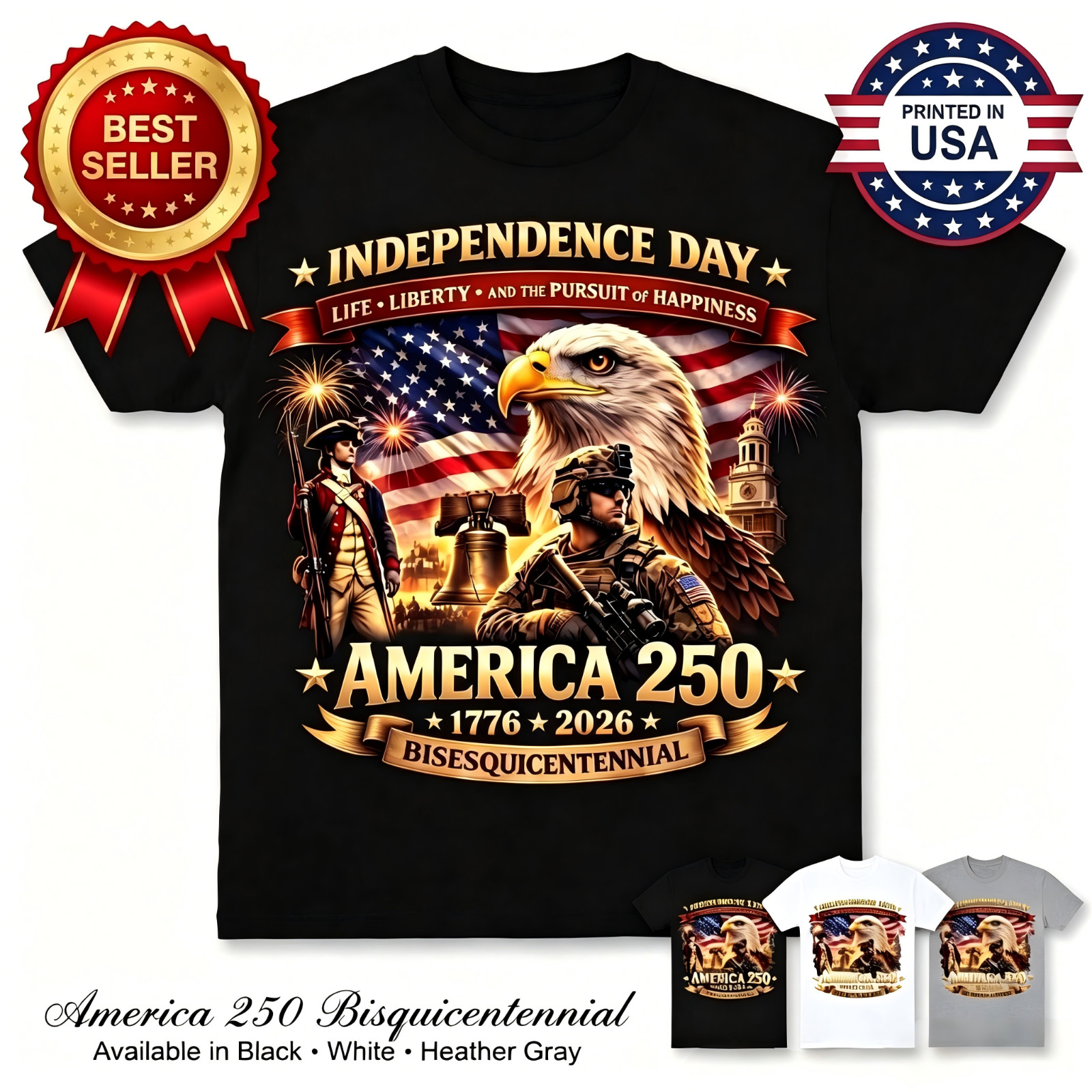 250 Years of Freedom 1776-2026 Patriotic Eagle T-Shirt USA Flag 4th of July Tee