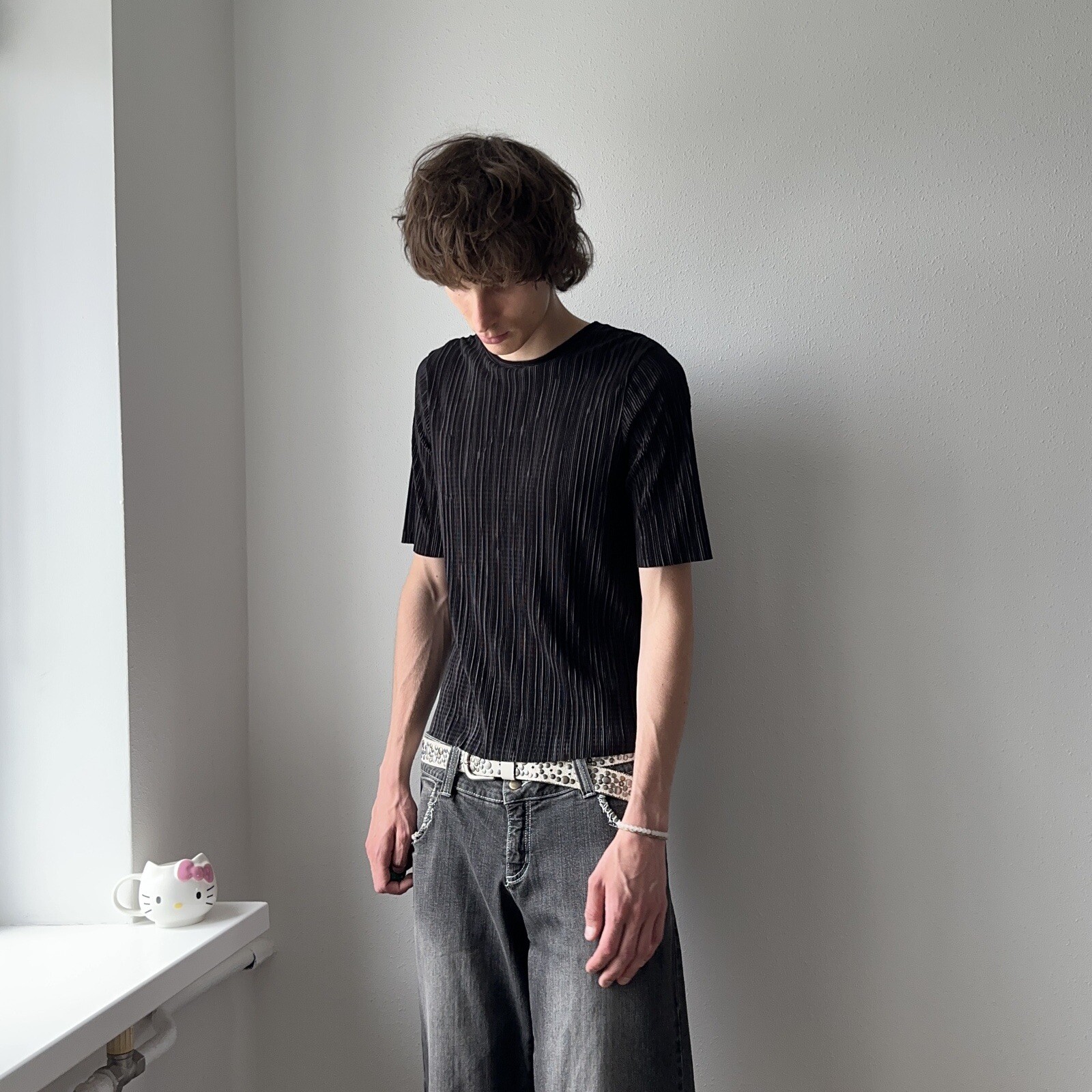 Japan Unbranded Issey Pleats Please Style Vintage Black Pleated T Shirt