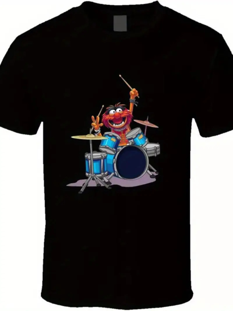 Men’s Muppets Animal Drums Graphic T-Shirt – Black Short Sleeve Cotton Crew Neck