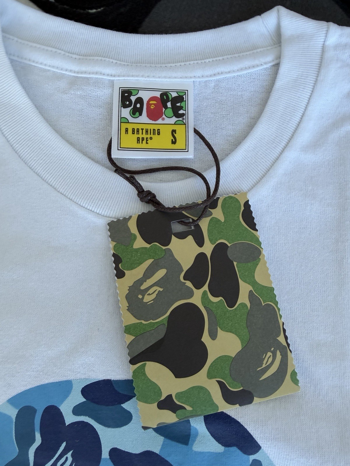 A Bathing Ape BAPE Men’s S White Blue Camo Ape Head Graphic Crew Neck Tee