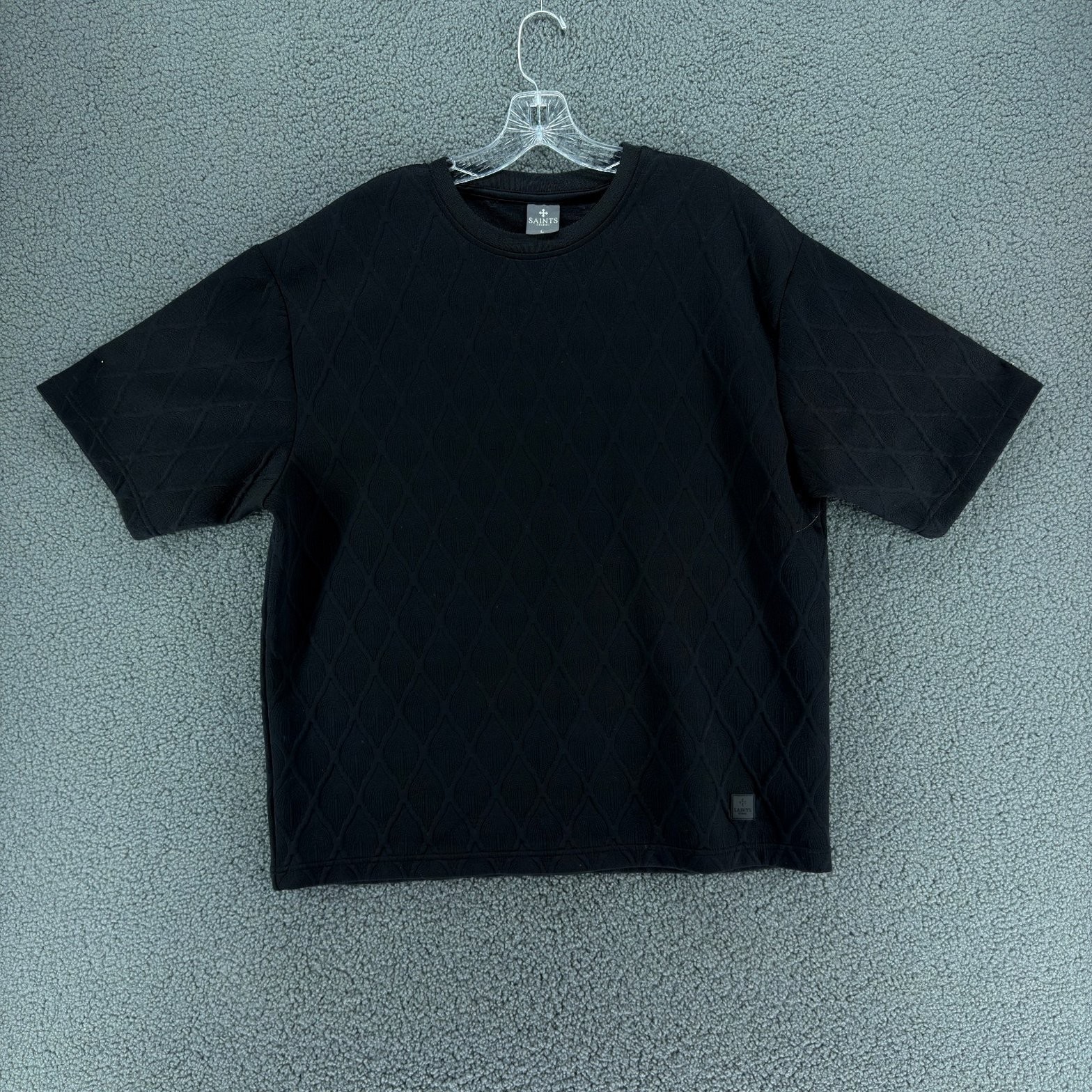 Saints Studio Shirt Mens L Black Textured Diamond Pattern Crew Neck Stretch