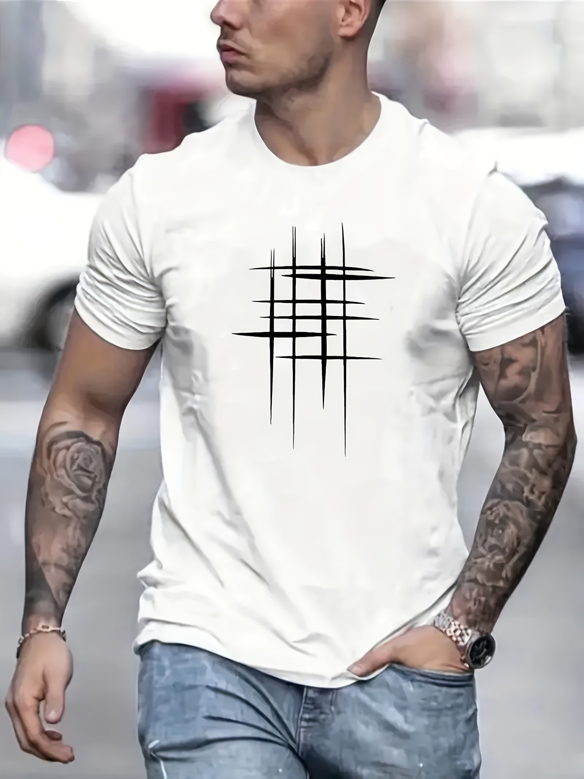 Men’s Casual Short Sleeve T-Shirt – Round Neck, Soft Polyester Fabric, Geometric
