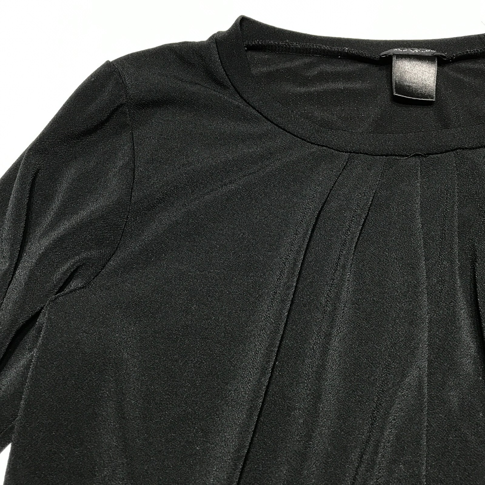 Ann Taylor Top Womens Size M Pleated Neck Crop Sleeve Blouse Black Stretchy