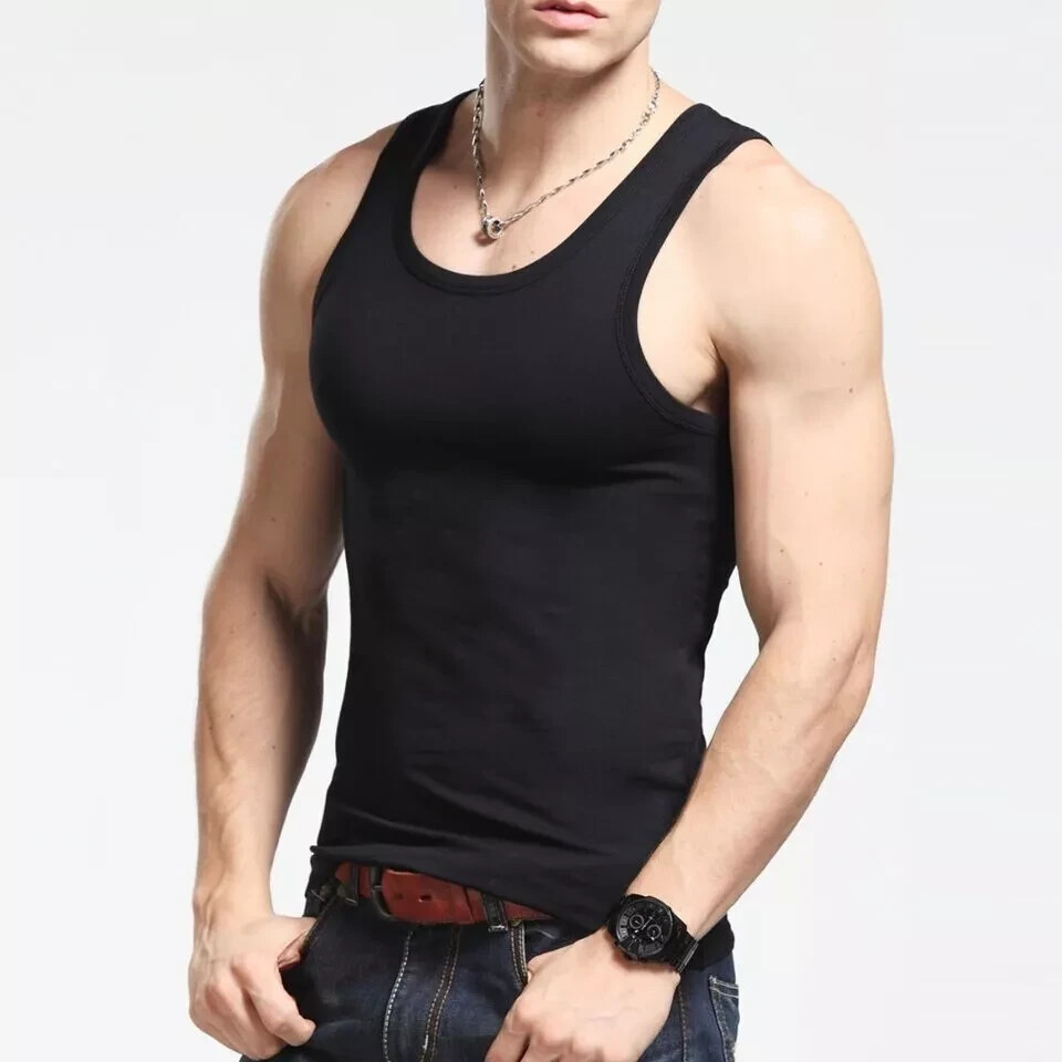 6 Pieces Men’s Tank Top 100% Cotton Ribbed Black A-Shirt Wife Beater Undershirts