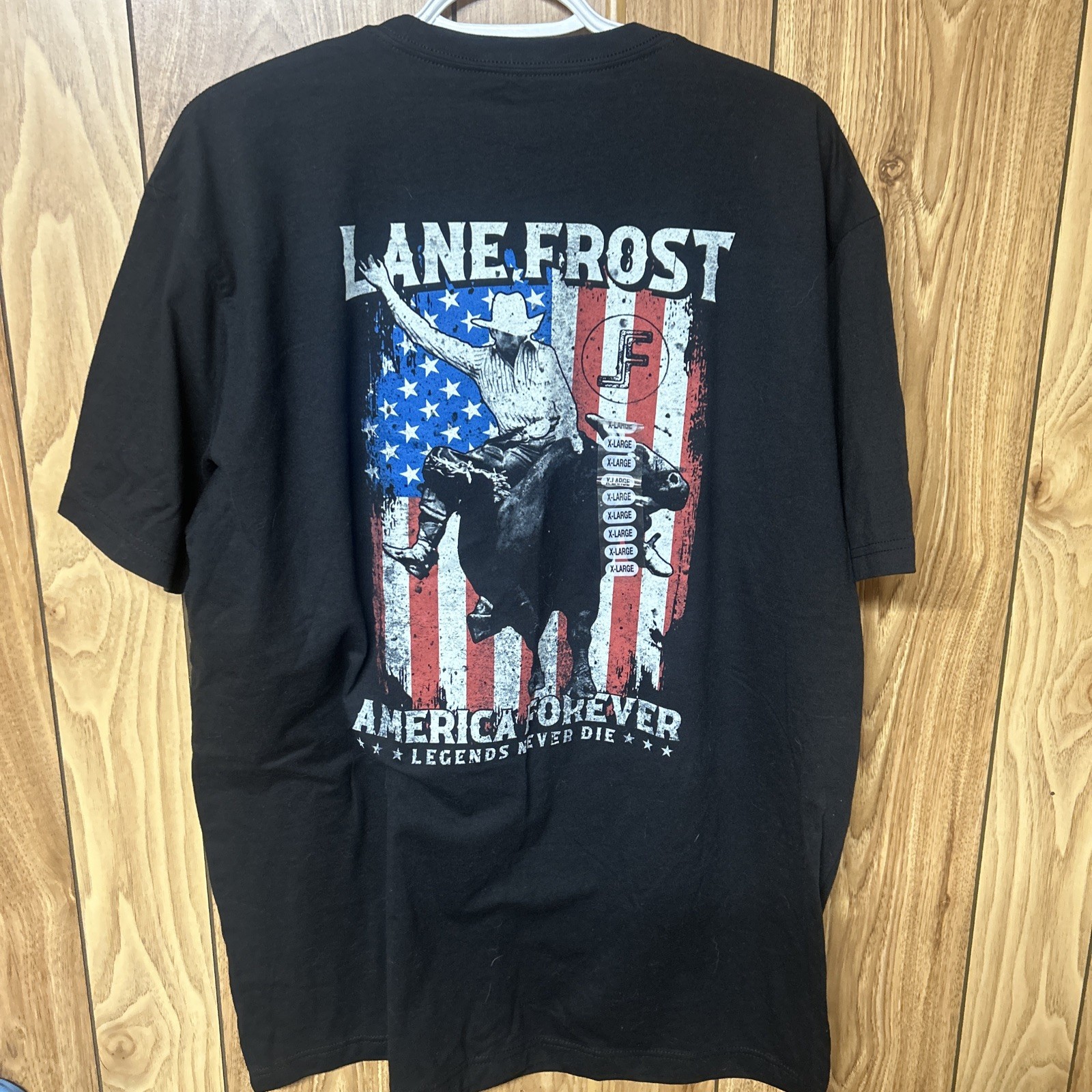 New Lane Frost American Flag Black Men’s XL Tee Rodeo Bull Riding Champion