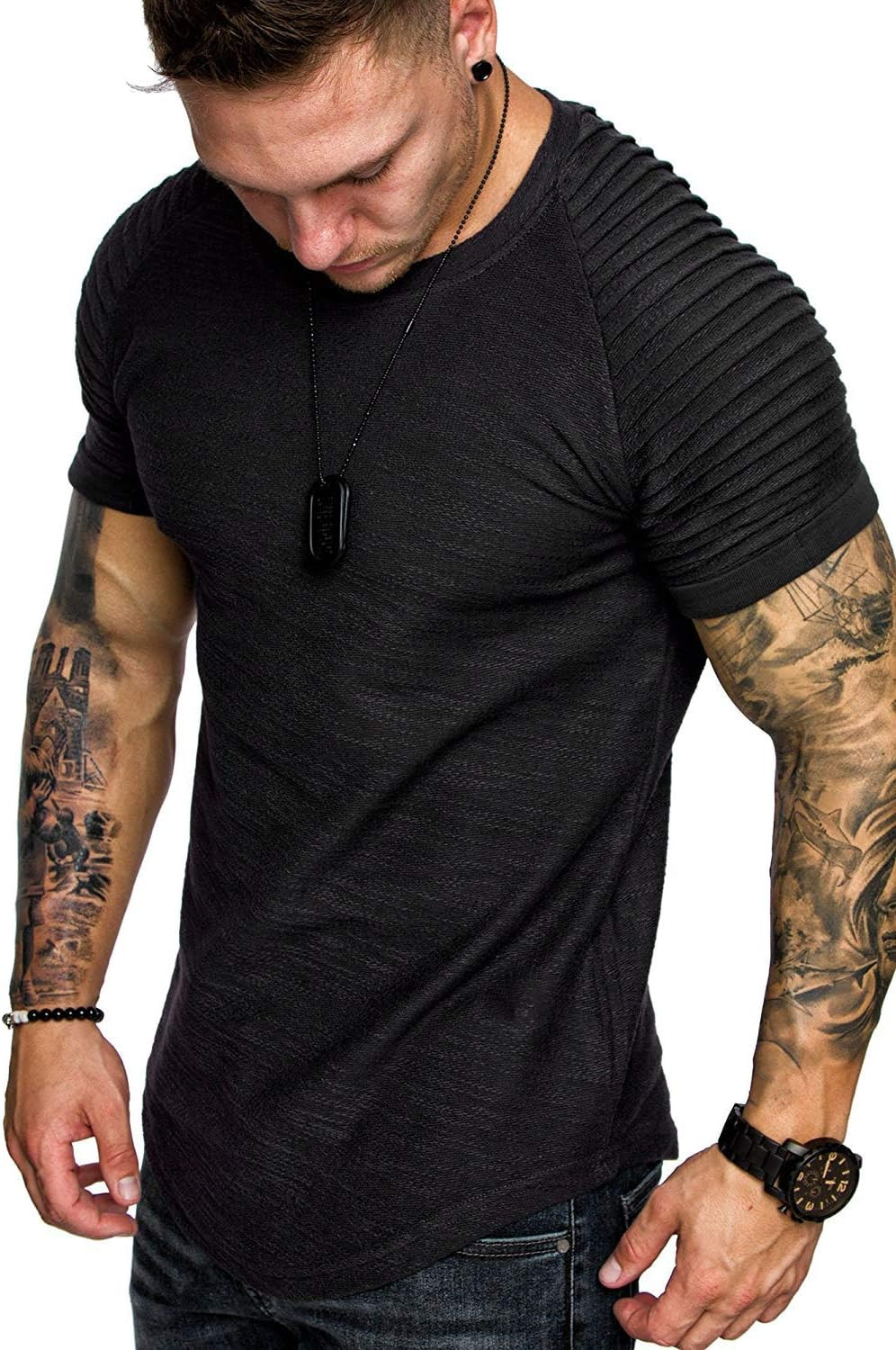 Men’S Muscle T-Shirt Pleated Raglan Sleeve Bodybuilding Gym Tee Short Sleeve Fas